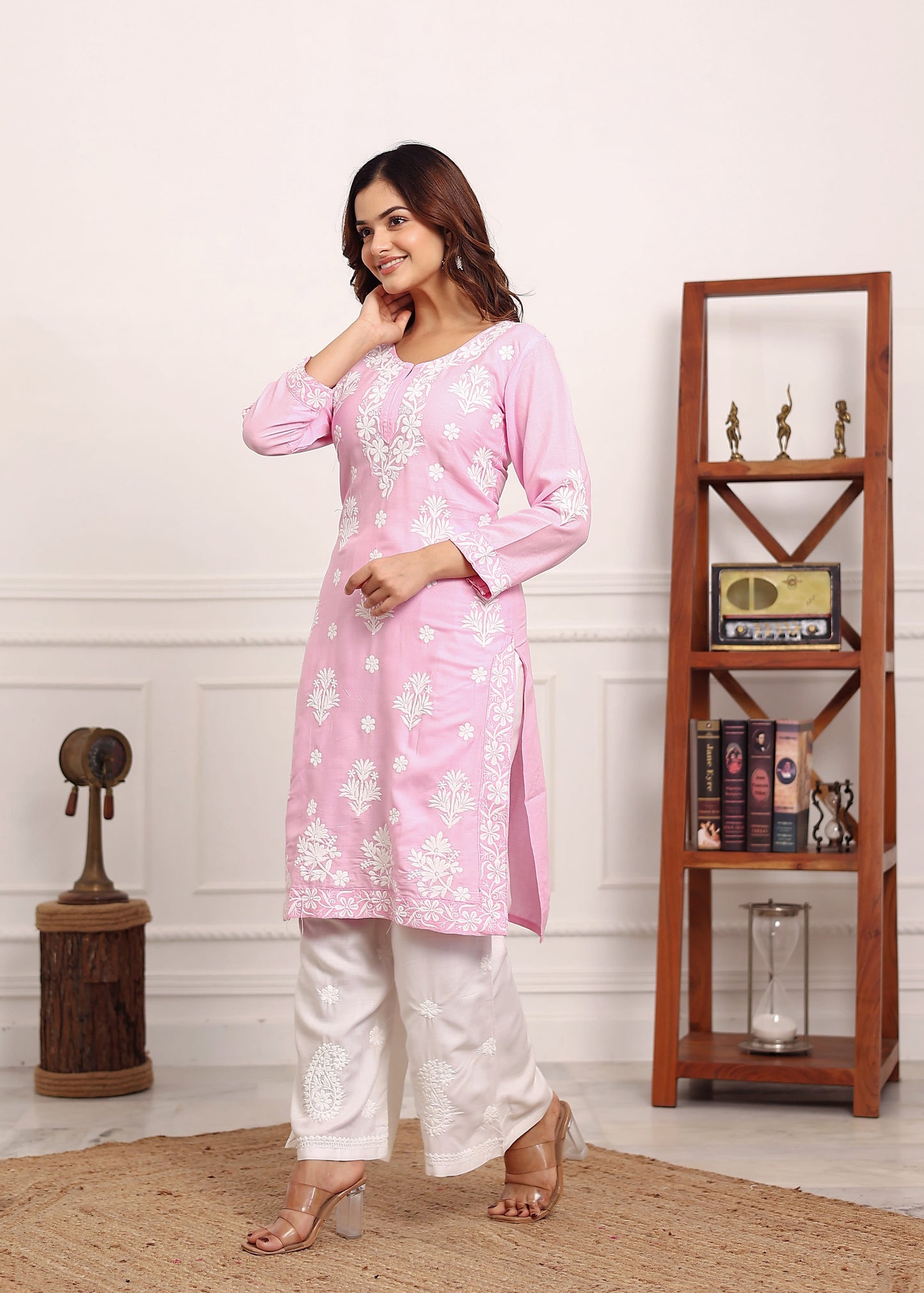 BABY PINK Embroidered Chikan Kurta with plazzo ethnic Indian wear- Chikankari Work