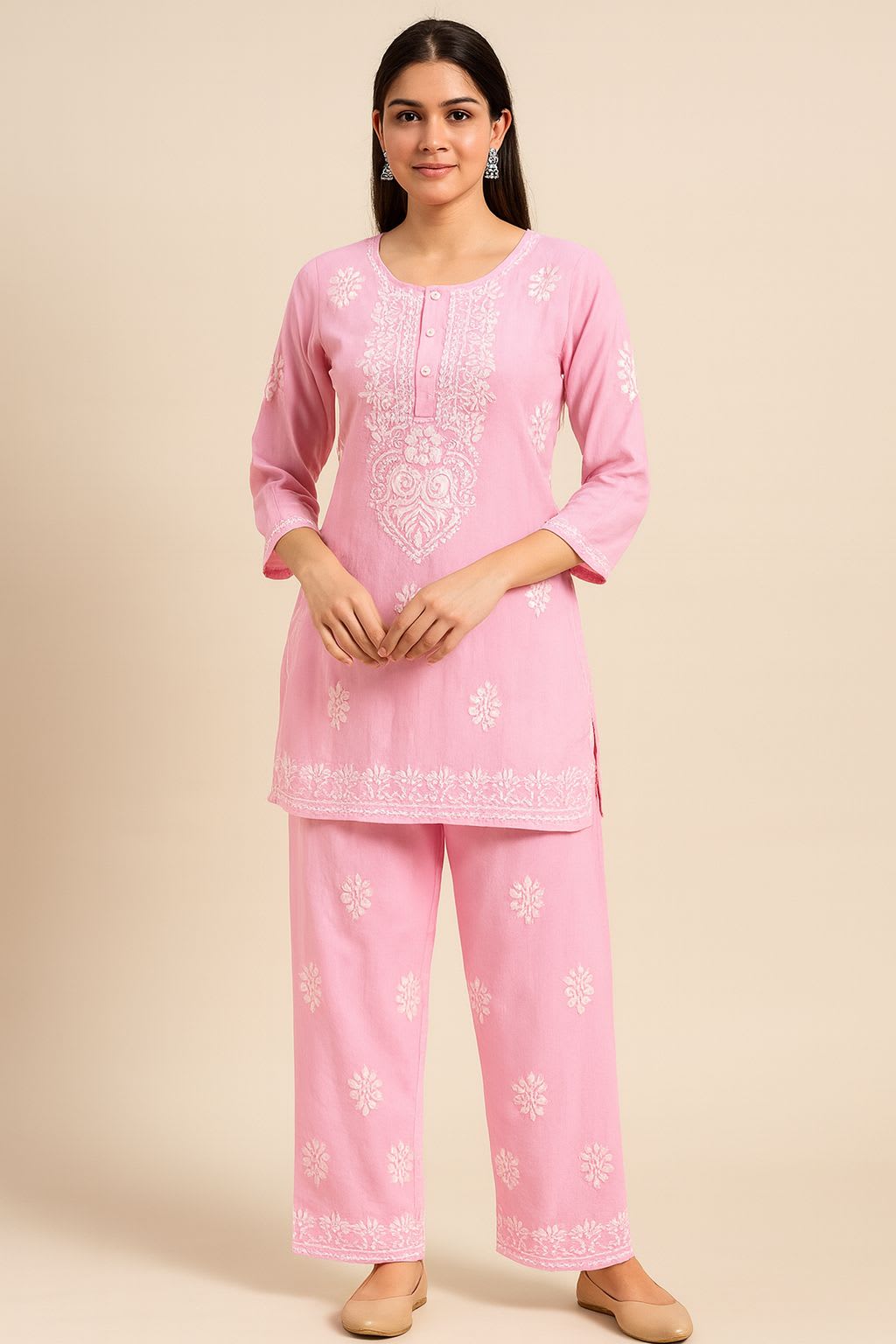 BABY PINK Premium Reyon Fabric cord-Sets With Beautifully Chikankari Embroidery Work