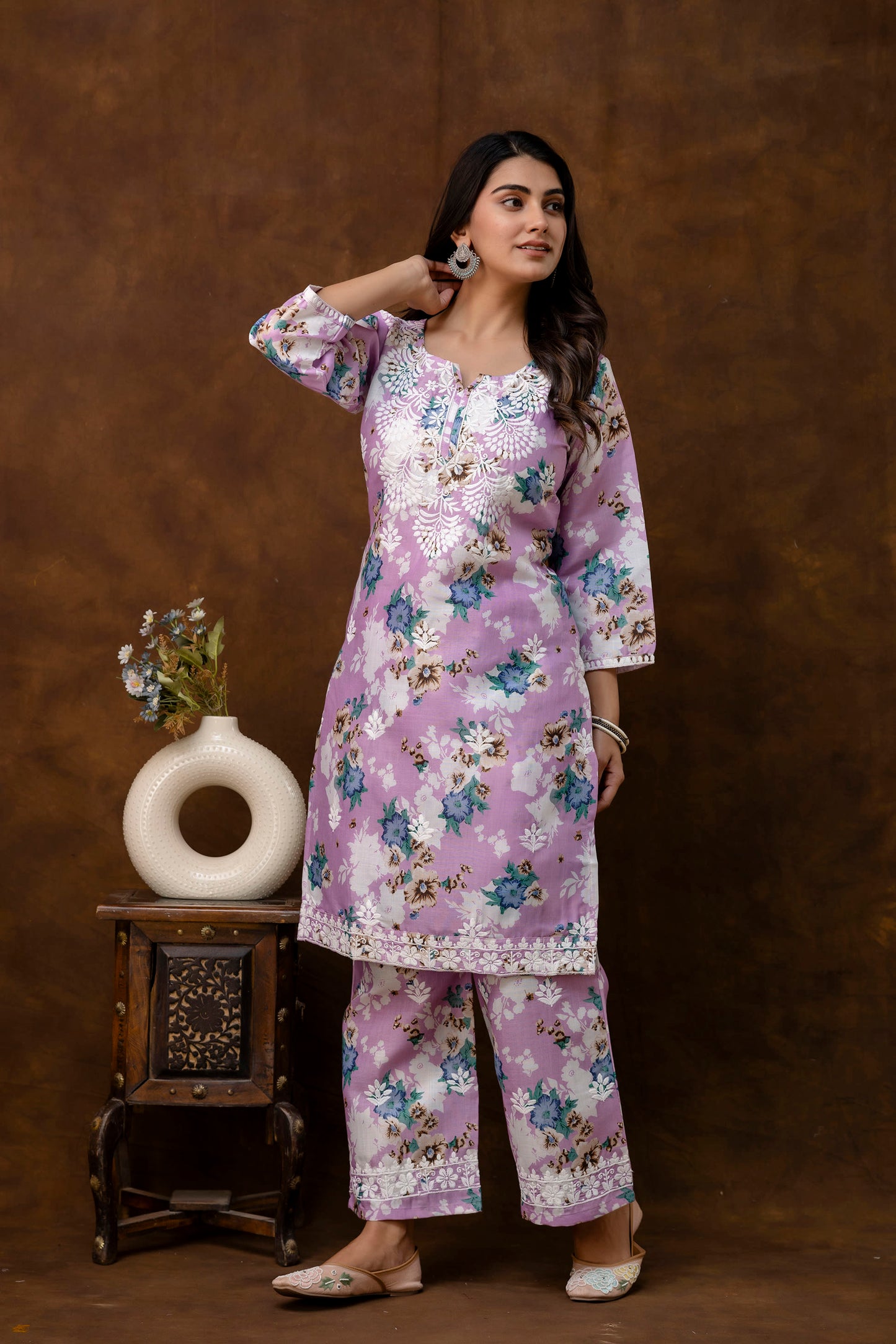 BABY PINK cotton printed with chikanakri work kurti and plazo set