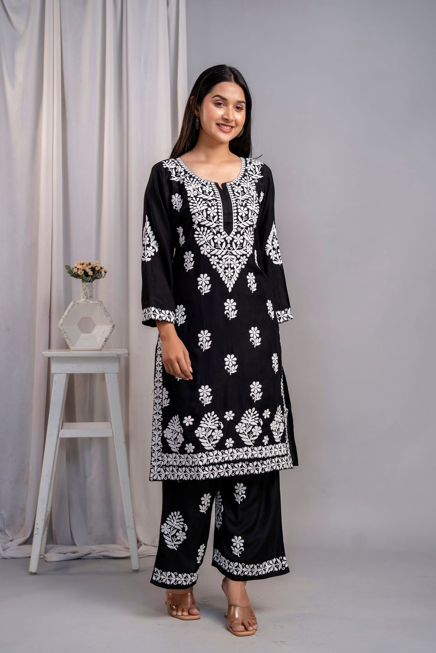 BLACK Chikankari Kurti and Plazzo Set for Girls and Women (Modal Kurti)