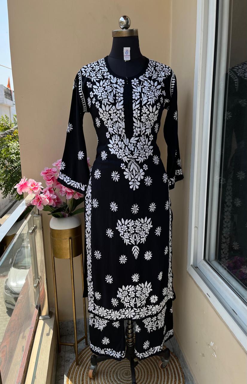 BLACK Long Chikankari Work Latest Rayon kurti wirh plazo set