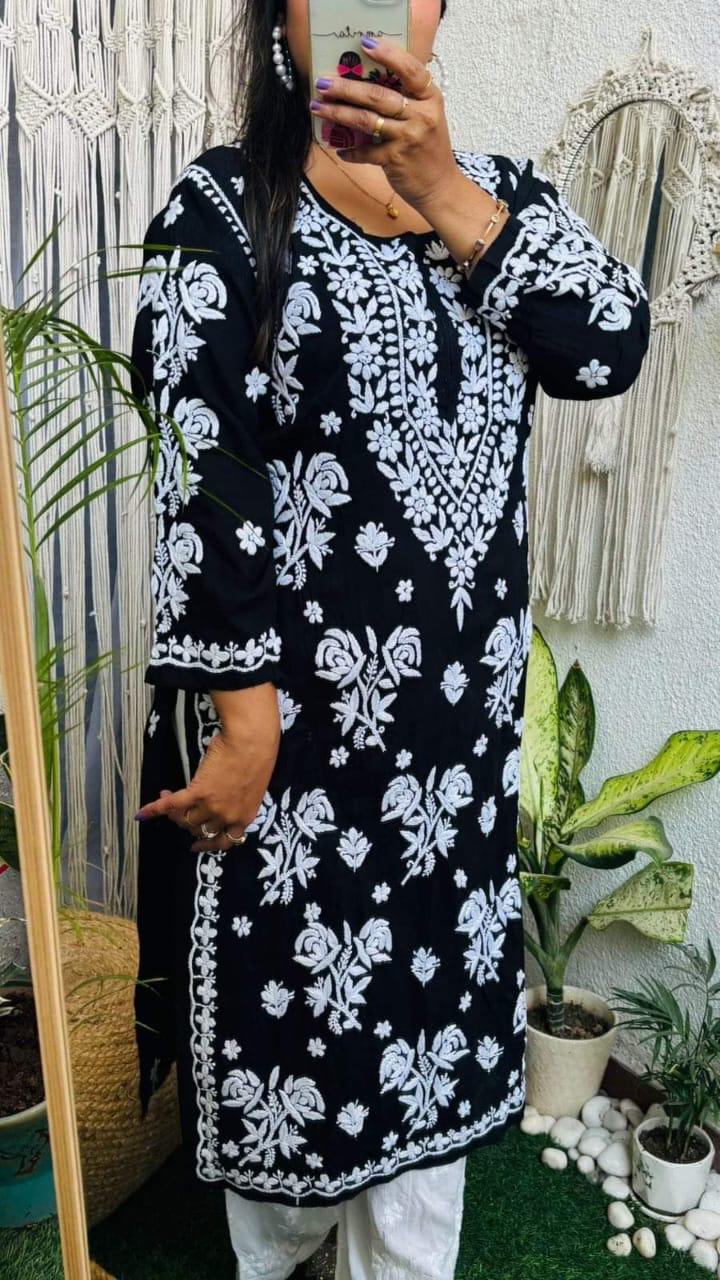 BLACK PURE RAYON ROSE MODAL KURTI WITH HEAVY WORK ON DAMAN AND SLEEVES AND PLAZZO SET