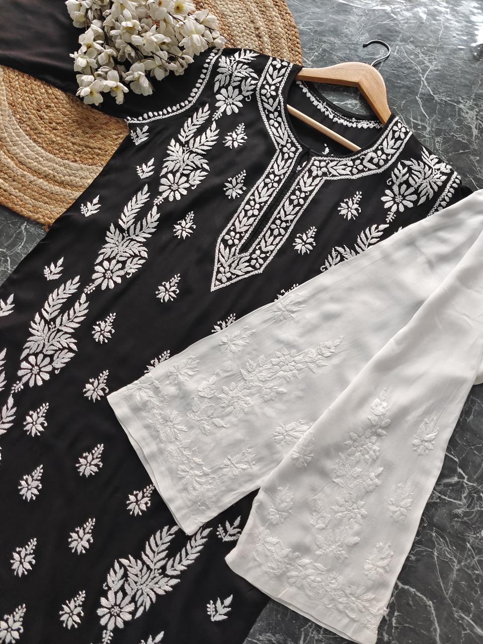 BLACK Rayon Chikankari Kurta With Palazzo