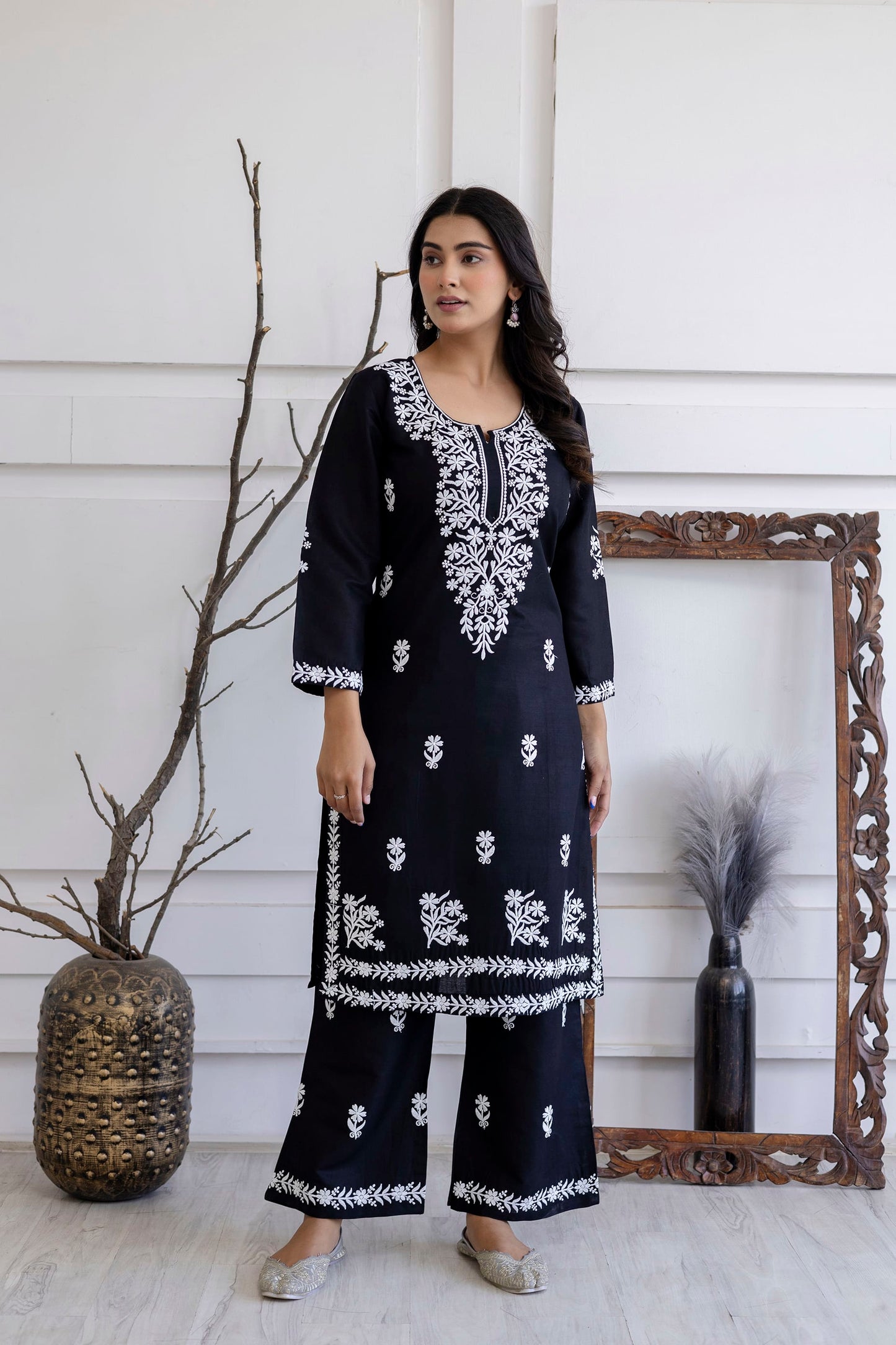 BLACK Women Embroidered Straight Kurta & Palazzos Set