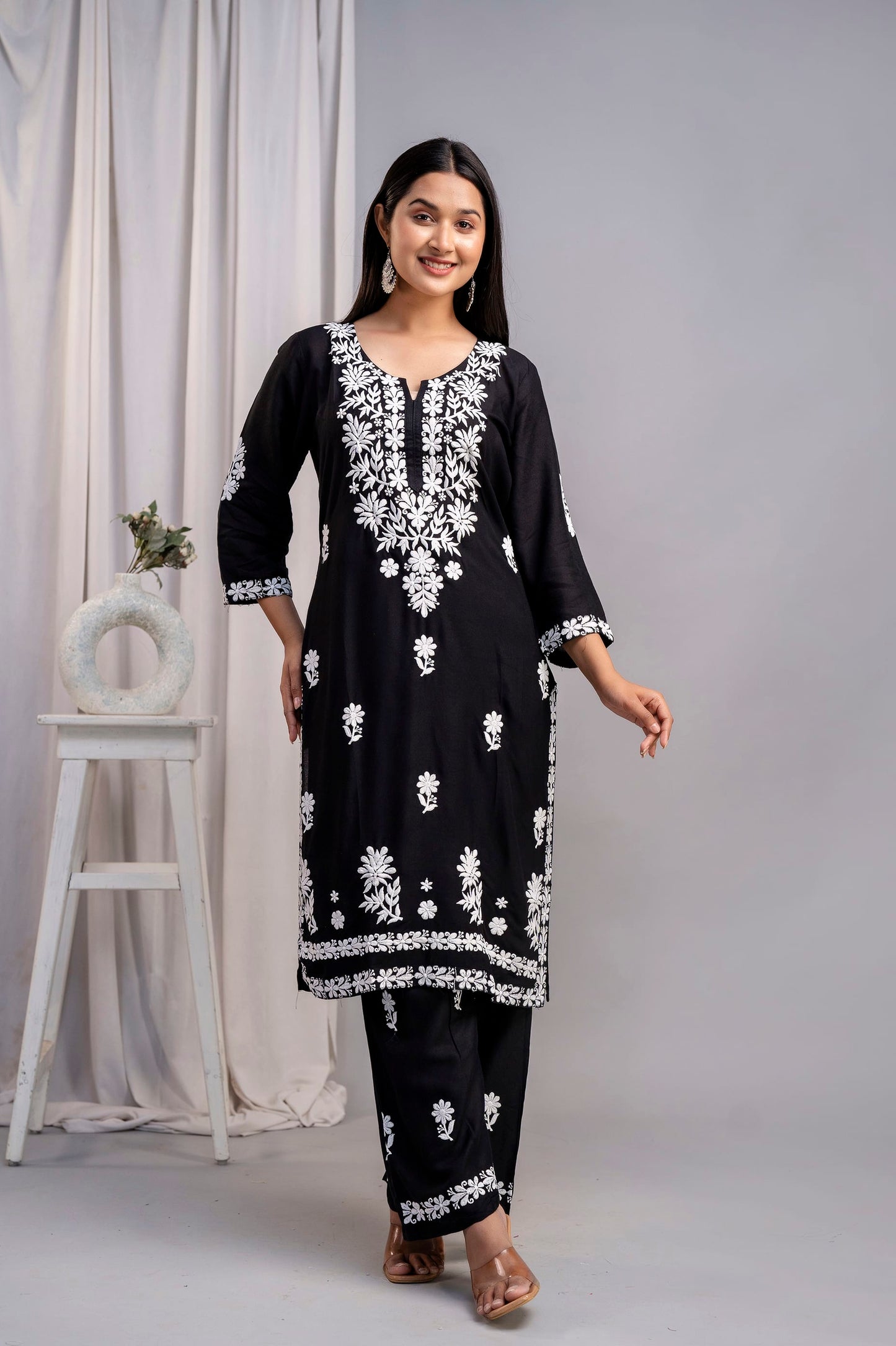 BLACK Women's Exclusive Kurti & Palazzo Set on Pure Rayon Fabric Chikan Suit