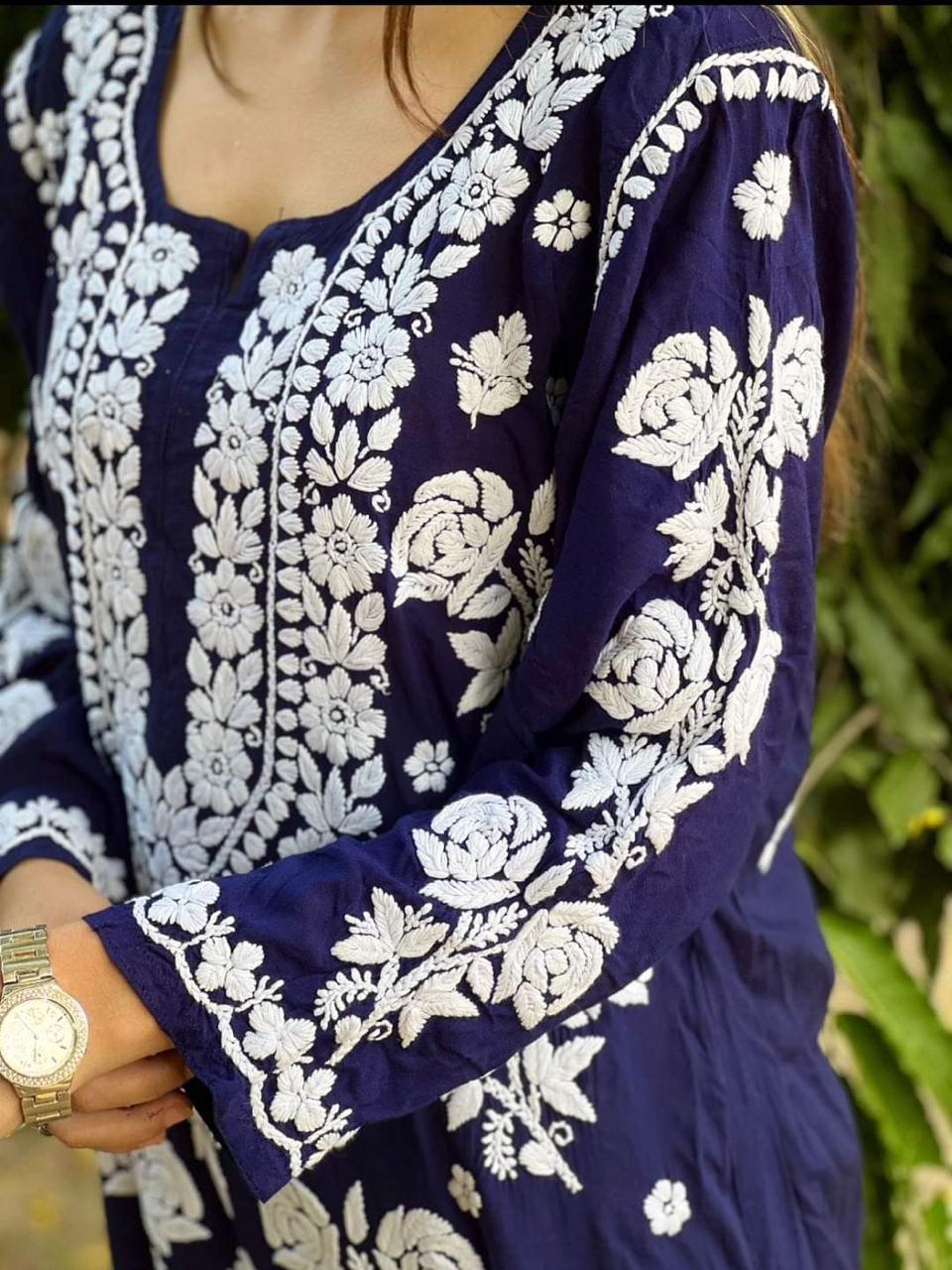 BLUE PURE RAYON ROSE MODAL KURTI WITH HEAVY WORK ON DAMAN AND SLEEVES AND PLAZZO SET