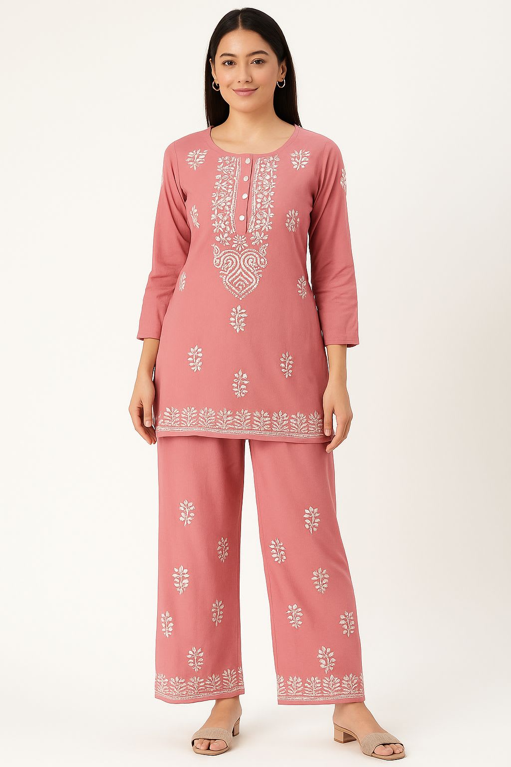 CORAL Premium Reyon Fabric cord-Sets With Beautifully Chikankari Embroidery Work