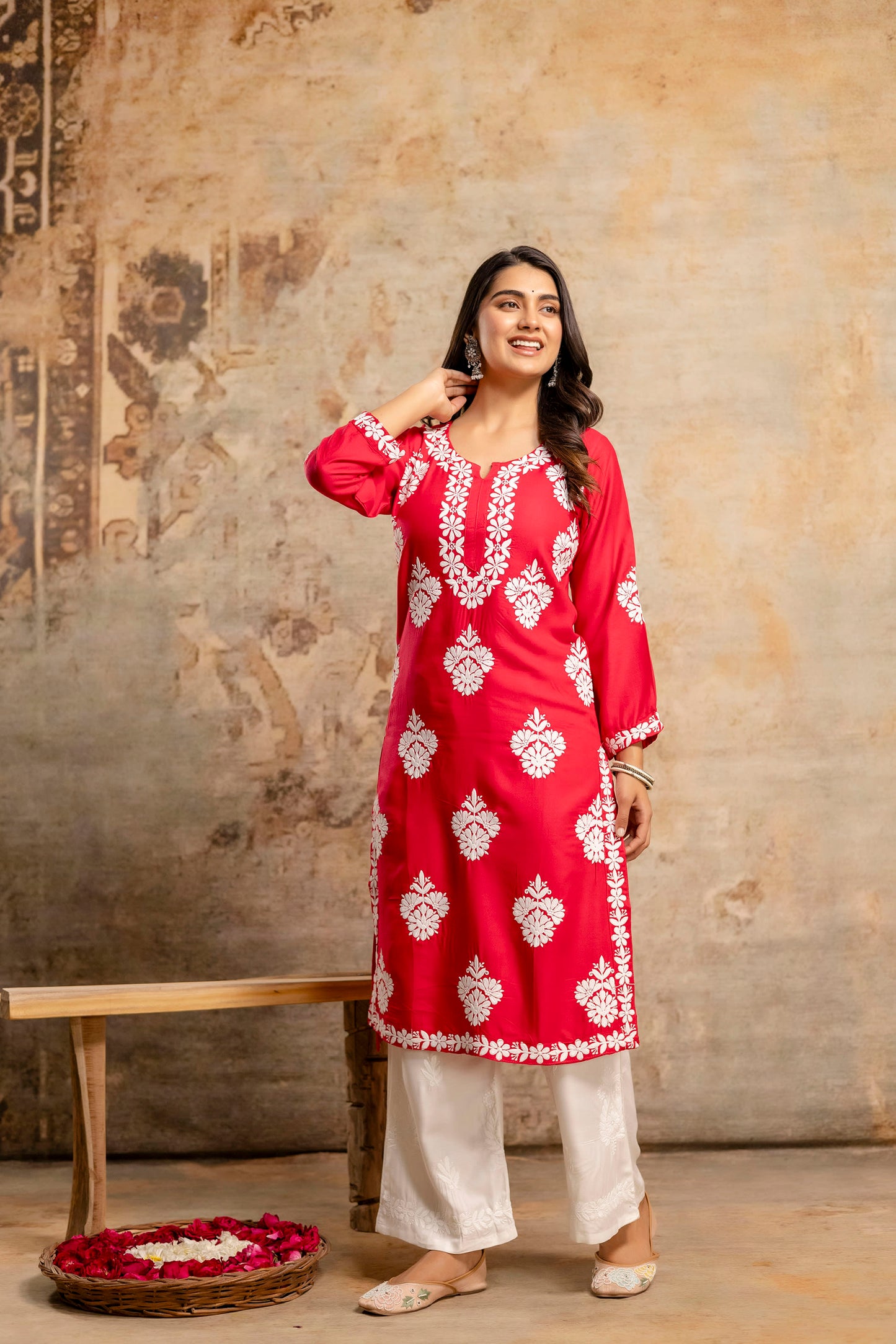 DARK PINK Floral Embroidered Round Neck Chikankari Straight Kurta with Palazzos