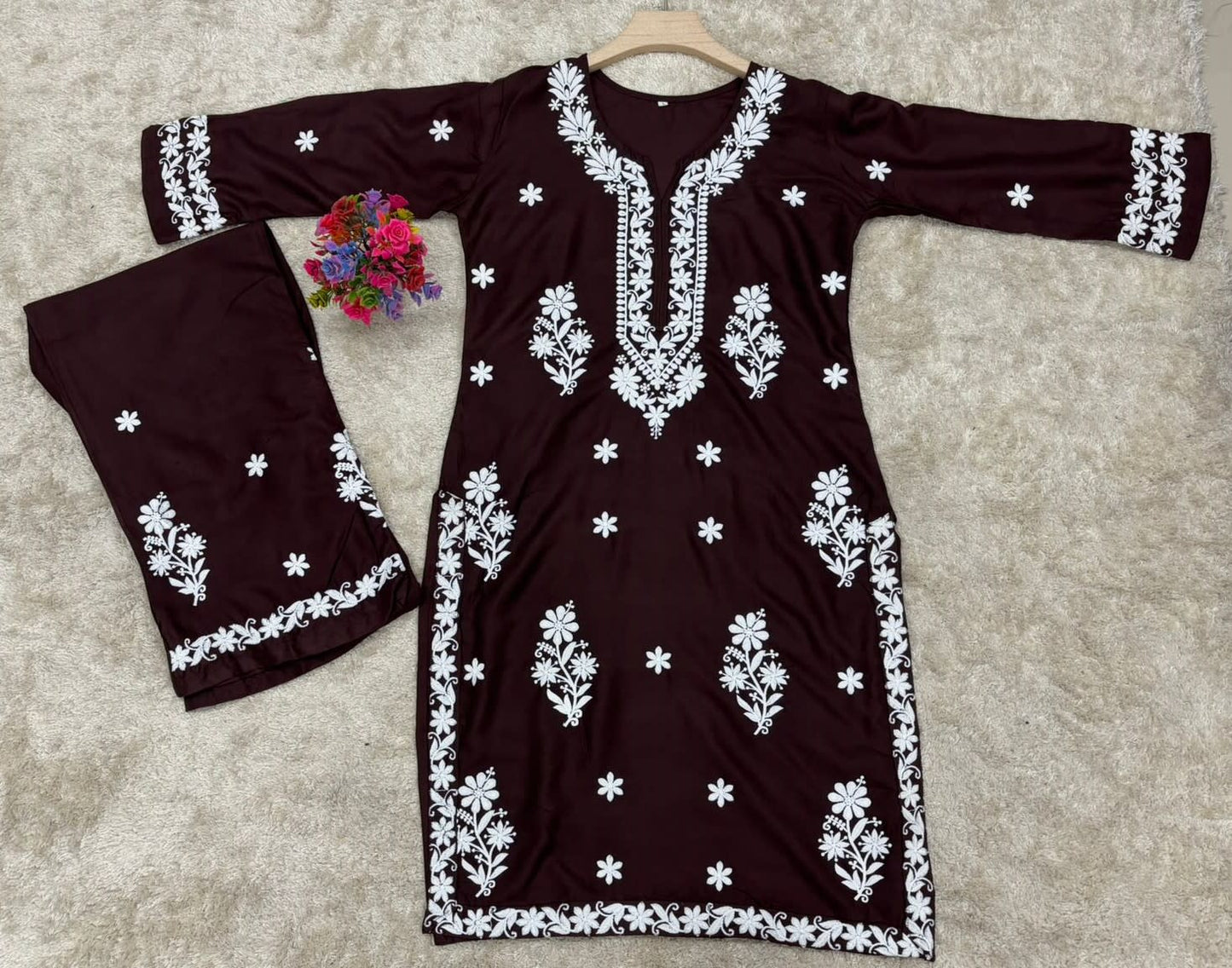 Cofee Chikankari Kurta Set For Women