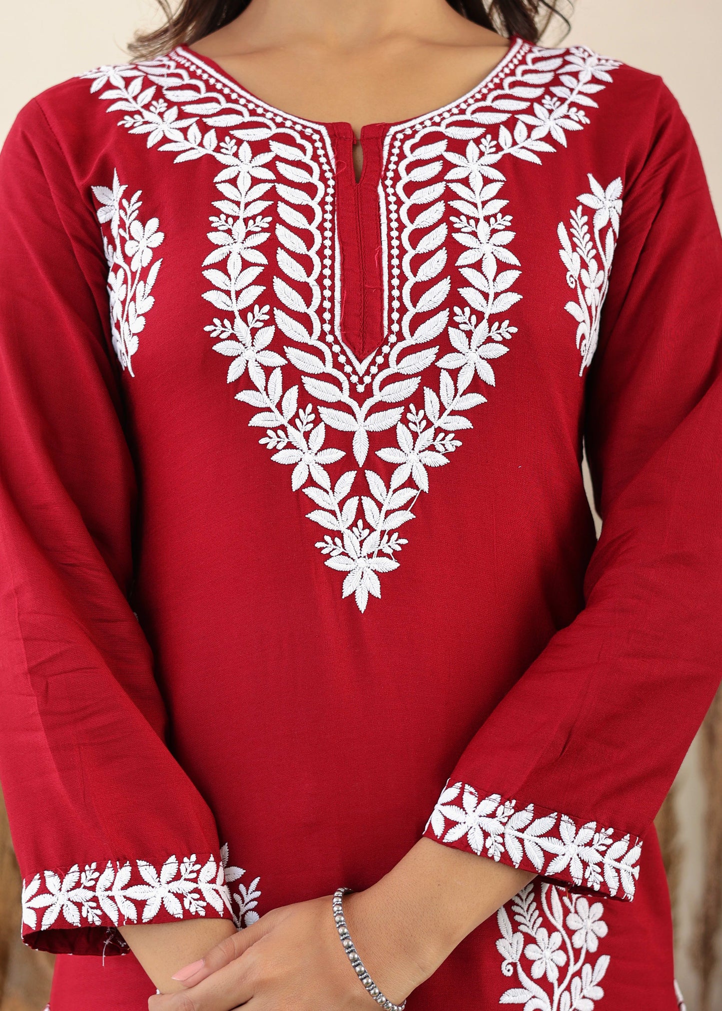 Maroon Elegance In Every Threads Embroidery Rayon Chikankari Kurta Set For Women