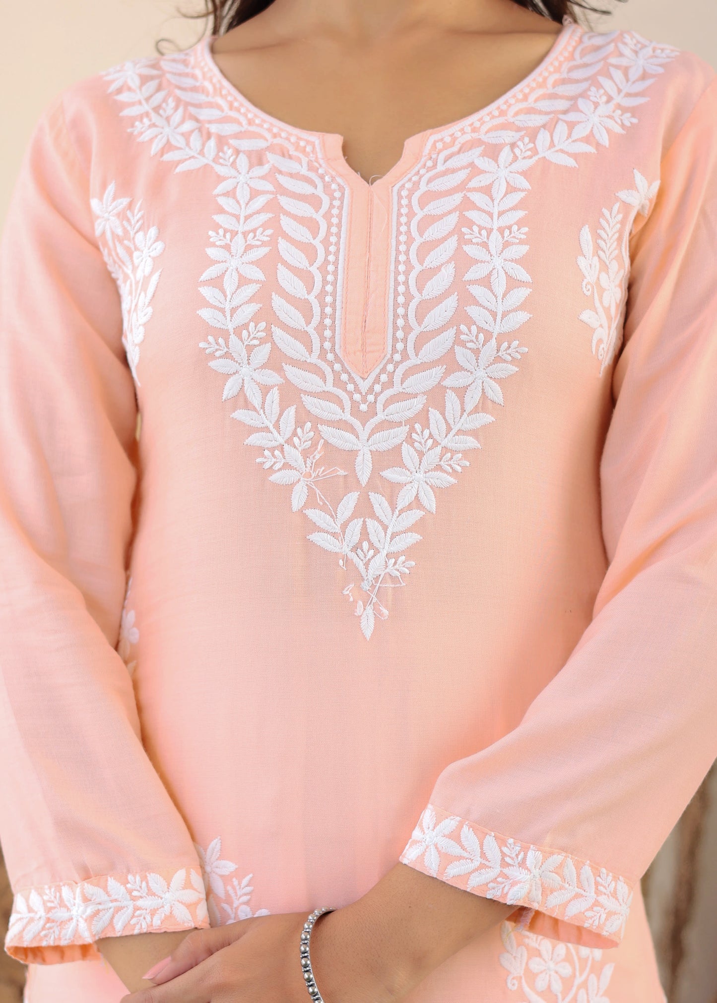 Peach Elegance In Every Threads Embroidery Rayon Chikankari Kurta Set For Women