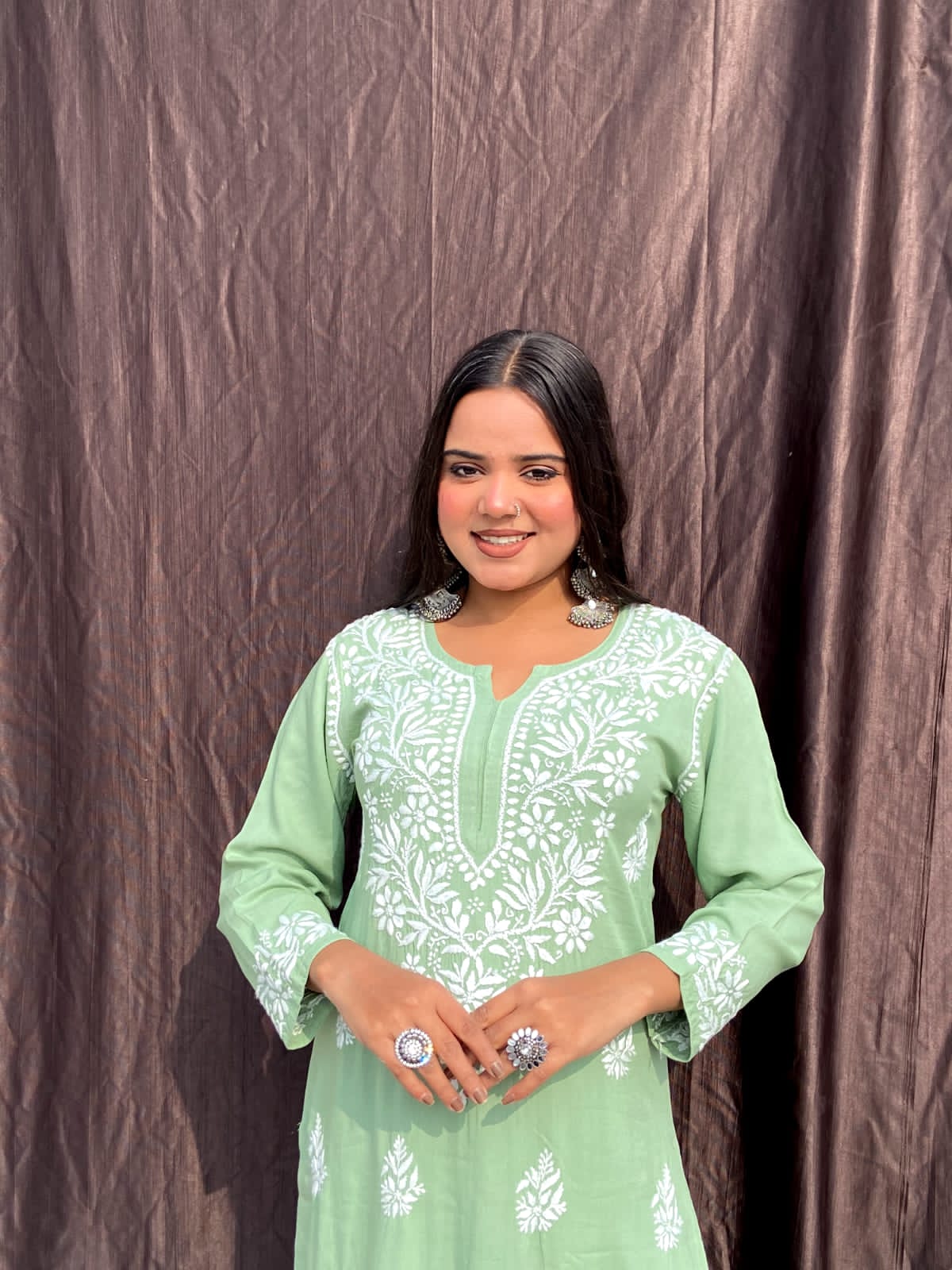 Pista Chikankari Straight Kurta Palazzo Set Readymade For Women