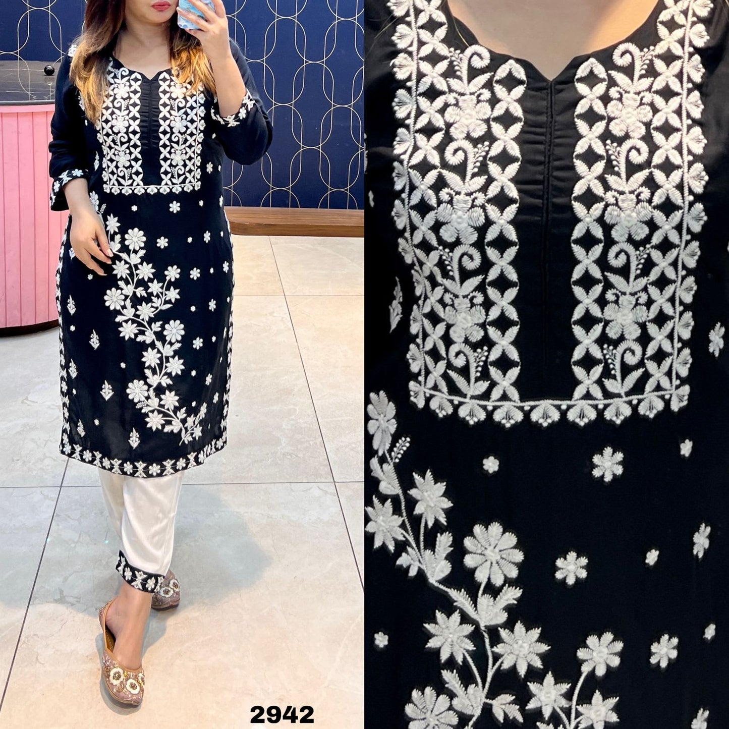 BLACK Chikankari Kurti With Dupatta And Bottom Wear 3 Piece Set
