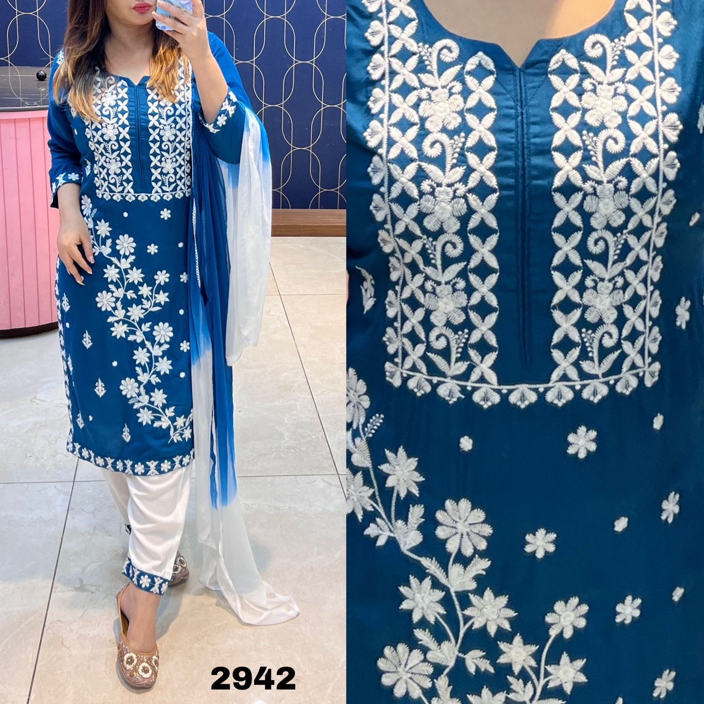 D BLUE Chikankari Kurti With Dupatta And Bottom Wear 3 Piece Set