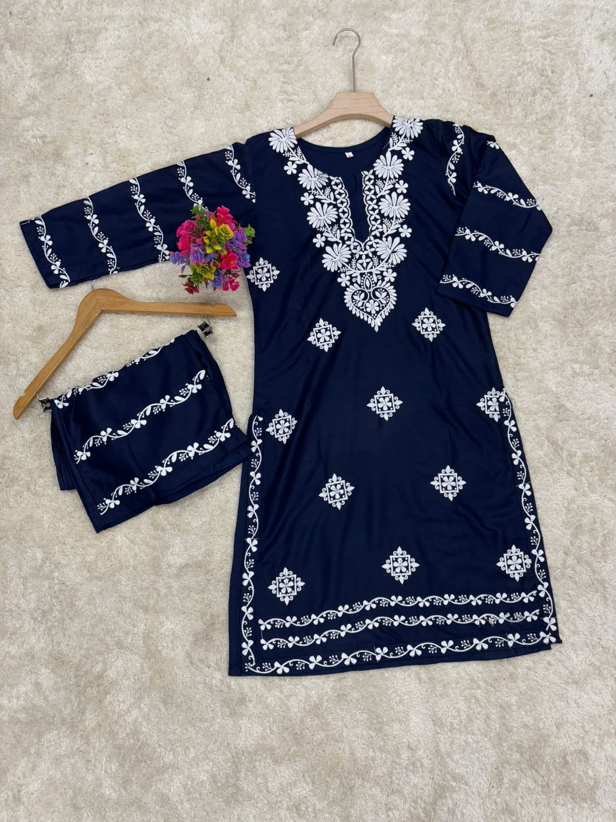 Blue Chikankari Kurti With Matching Printed Plazzo Suit 2Ps For Women