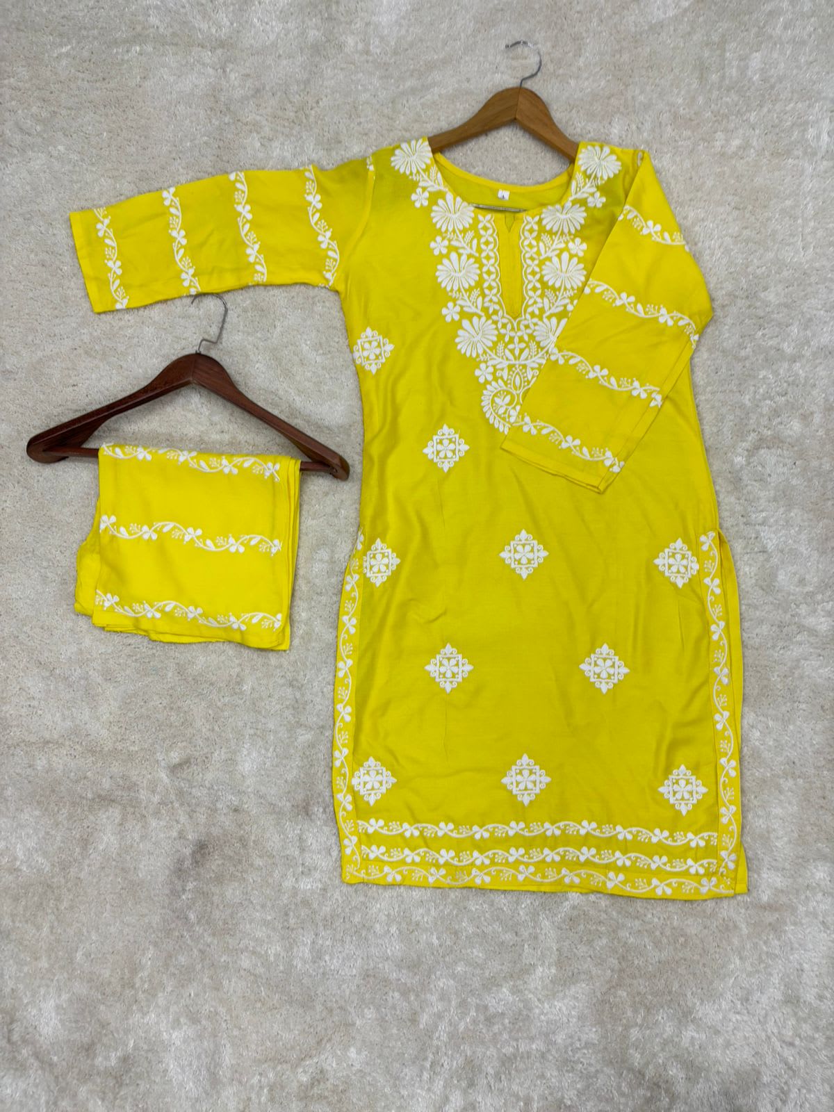 Lemon Chikankari Kurti With Matching Printed Plazzo Suit 2Ps For Women