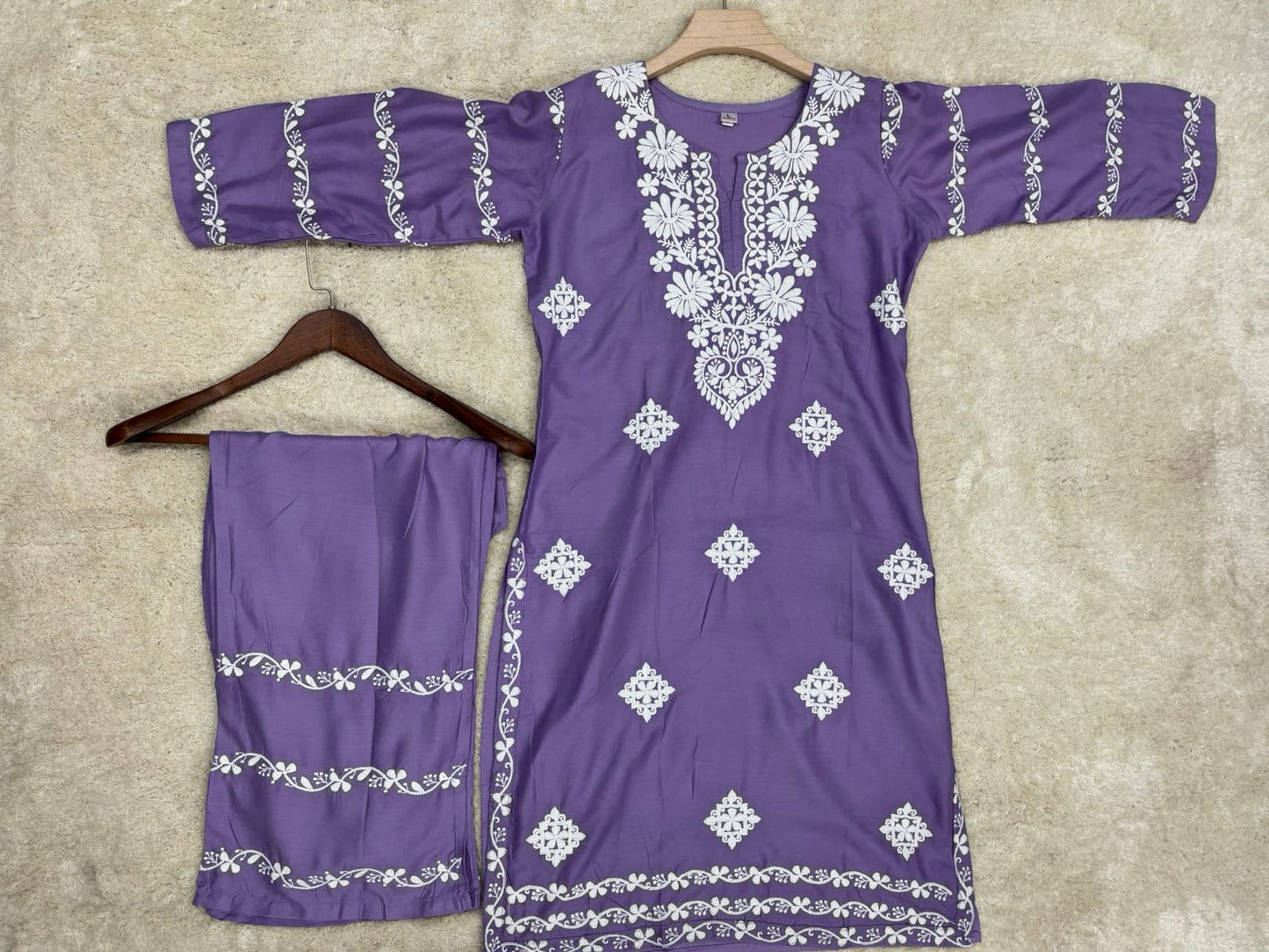 Light Purple Chikankari Kurti With Matching Printed Plazzo Suit 2Ps For Women