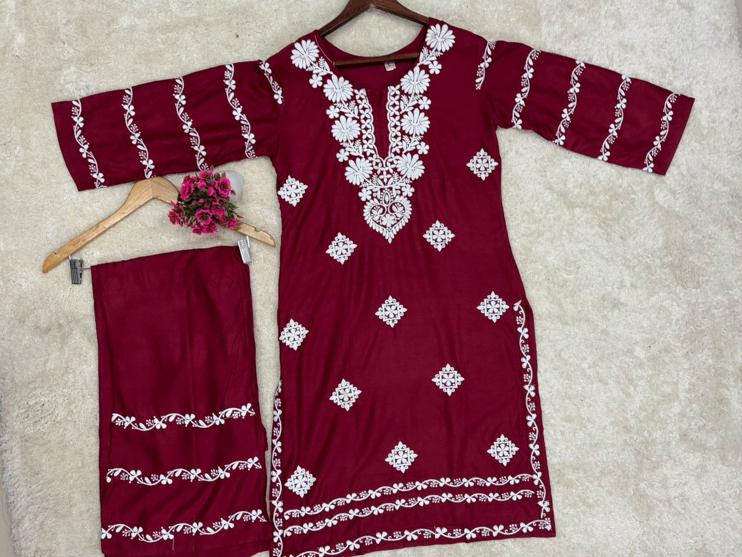 Maroon Chikankari Kurti With Matching Printed Plazzo Suit 2Ps For Women