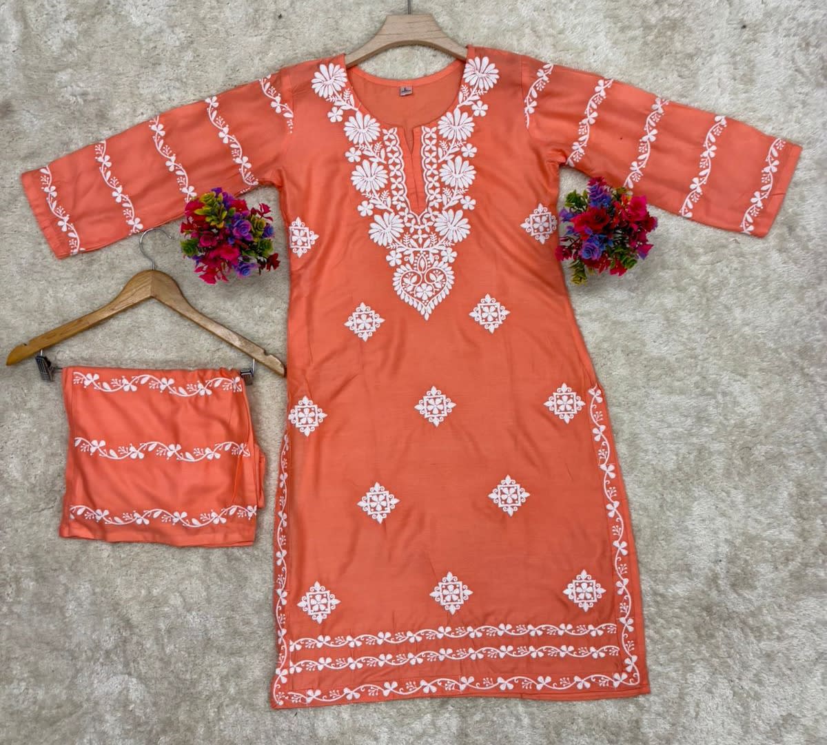 Peach Chikankari Kurti With Matching Printed Plazzo Suit 2Ps For Women