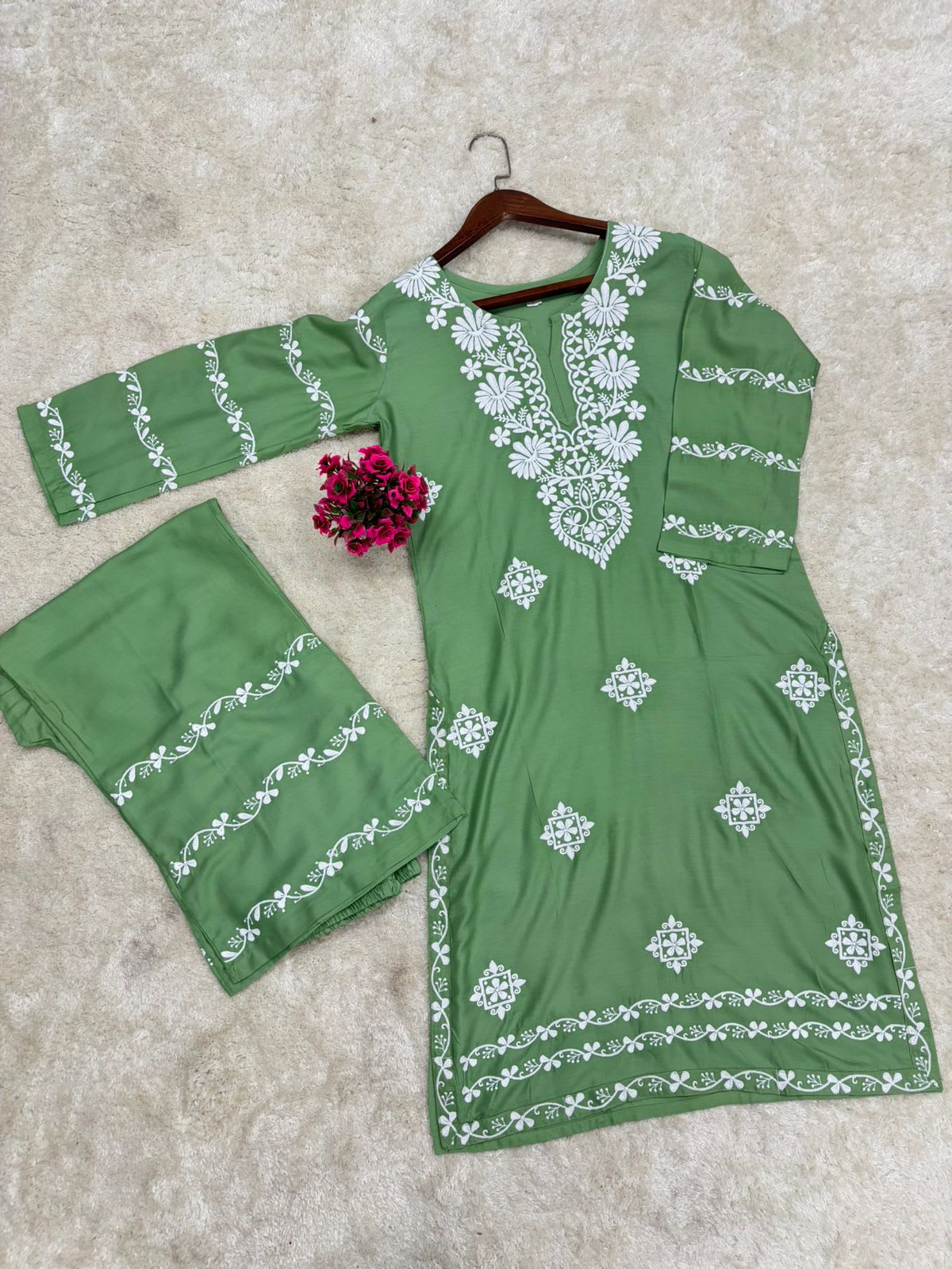Pista Chikankari Kurti With Matching Printed Plazzo Suit 2Ps For Women