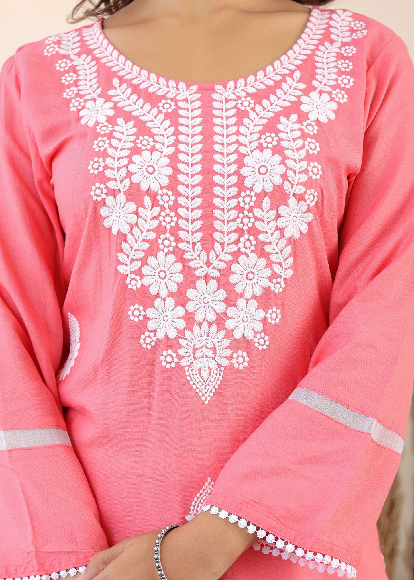 Coral Rayon Embroidered Kurta, Pant With Dupatta Set For Women