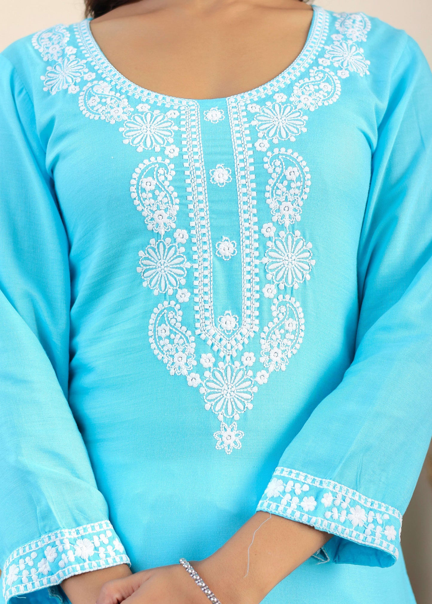 Firoji Rayon Chikankari Kurti With Dupatta And Bottom Wear 3 Piece Set For Women