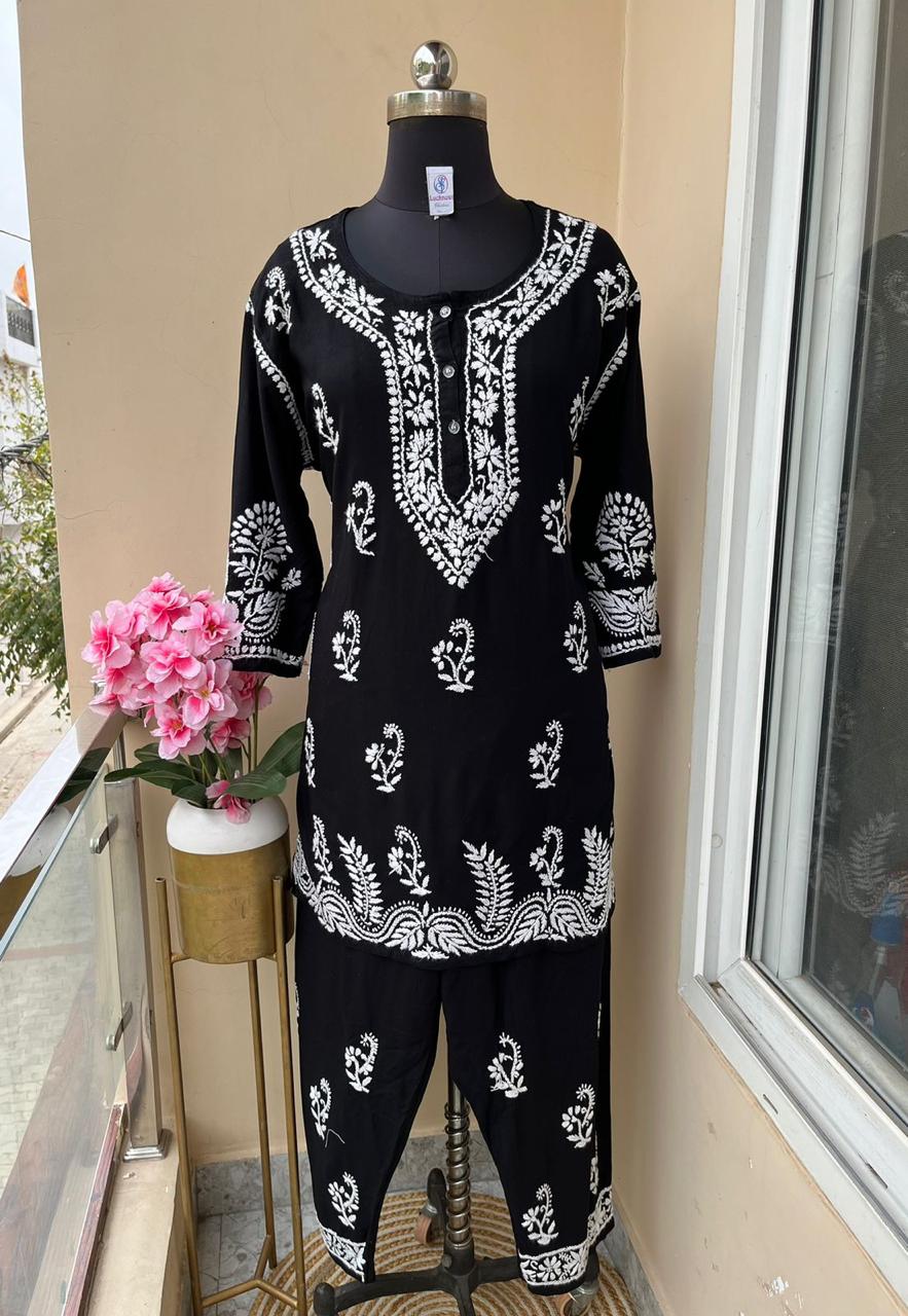 BLACK Women Embroidered Straight Kurta & Plazzo