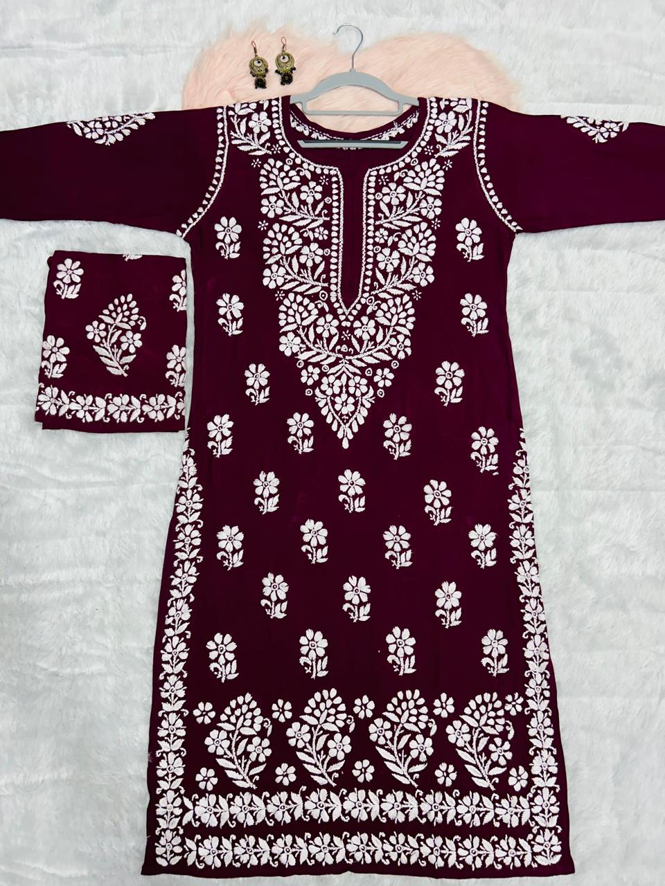 Wine Chikankari Kurti Set Online At Best Price For Women