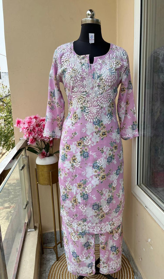 Baby Pink Floral Print rayon Chikankari Kurta Set For Women