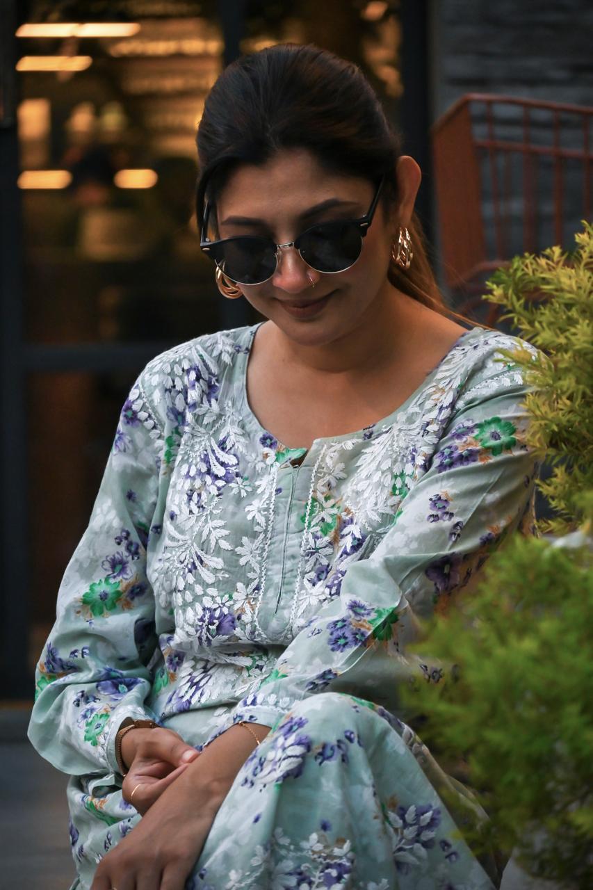 Rama Green Floral Print Rayon Chikankari Kurta Set For Women