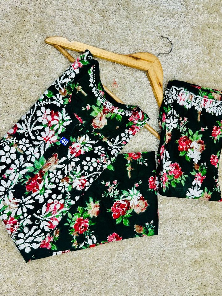 Green Chikankari Printed Rayon Kurti Set For Women