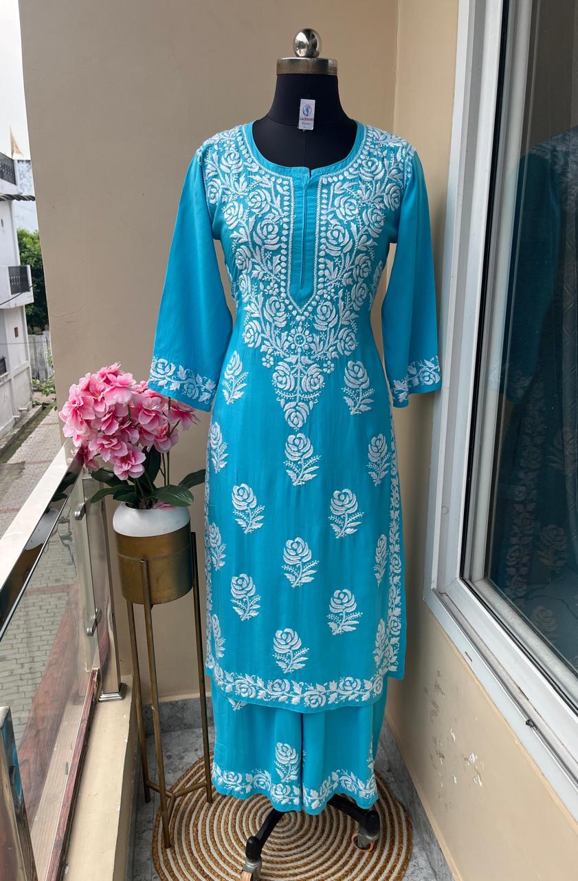 D FIROJI Straight Fit Rayon kurti and plazzo set - Chikankari fabric