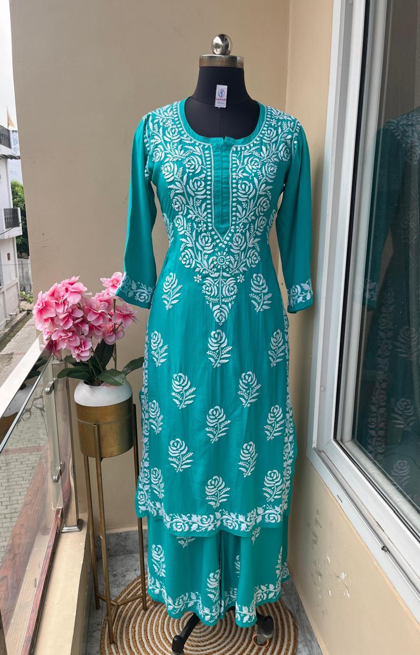 RAMA Straight Fit Rayon kurti and plazzo set - Chikankari fabric