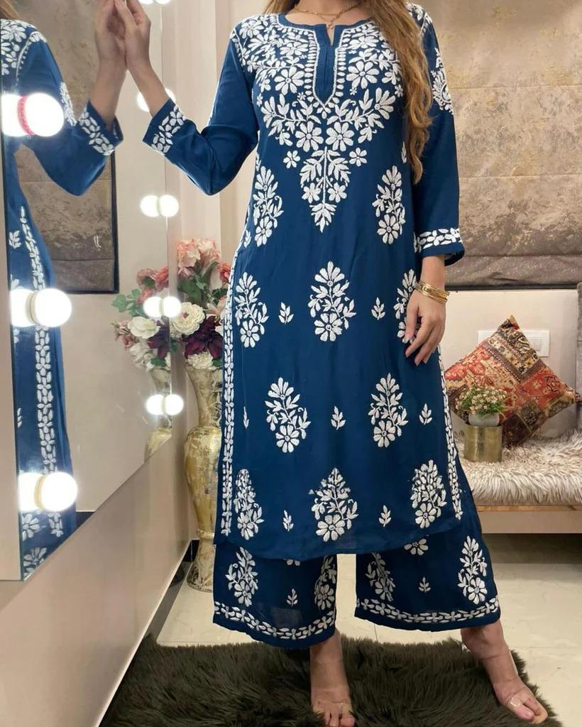 Dark Blue Rayon Cotton Chikankari Kurta With Palazzo For Women