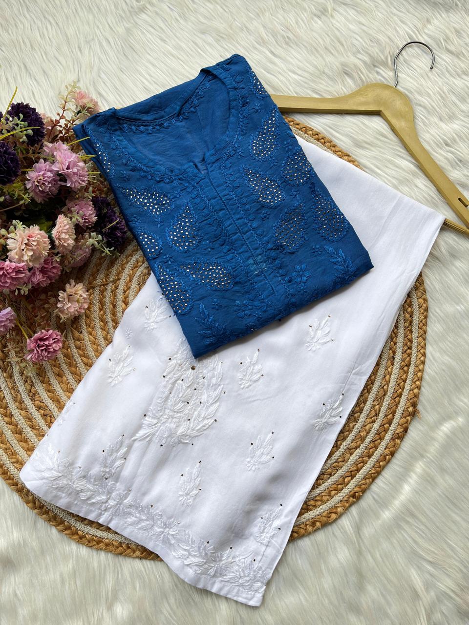 Dark Blue Premium Chanderi Silk Kurti + Rayon Plazo Set For Women