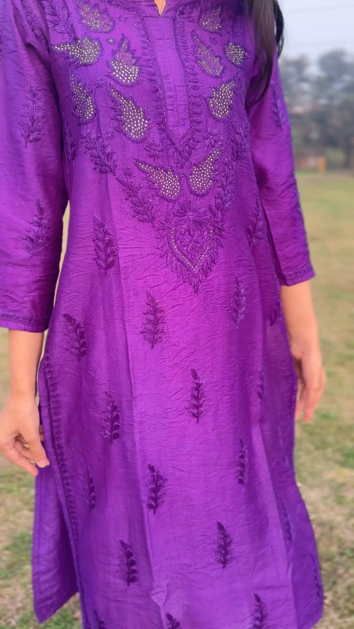 Purple Premium Chanderi Silk Kurti + Rayon Plazo Set For Women