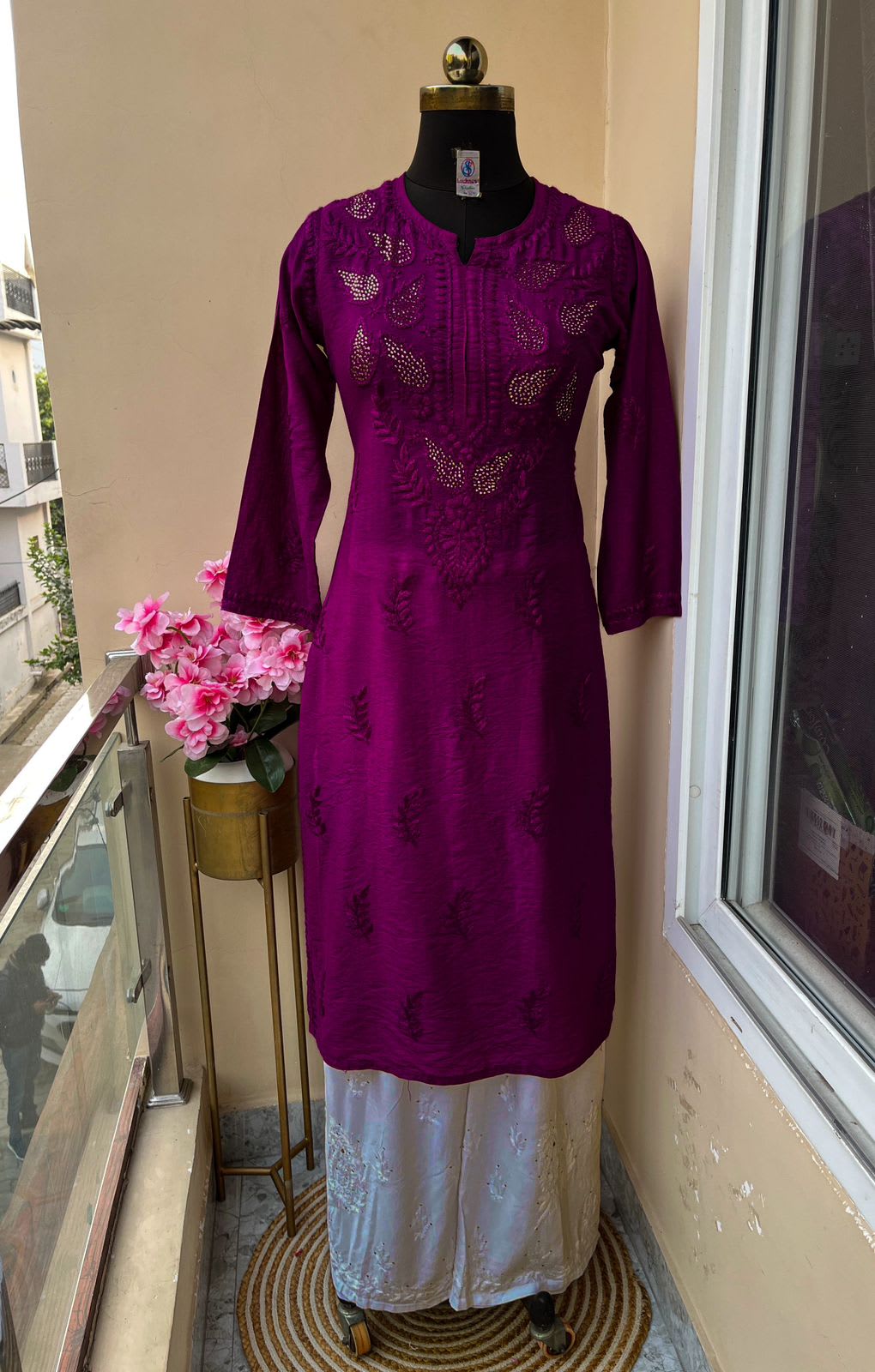 Wine Premium Chanderi Silk Kurti + Rayon Plazo Set For Women