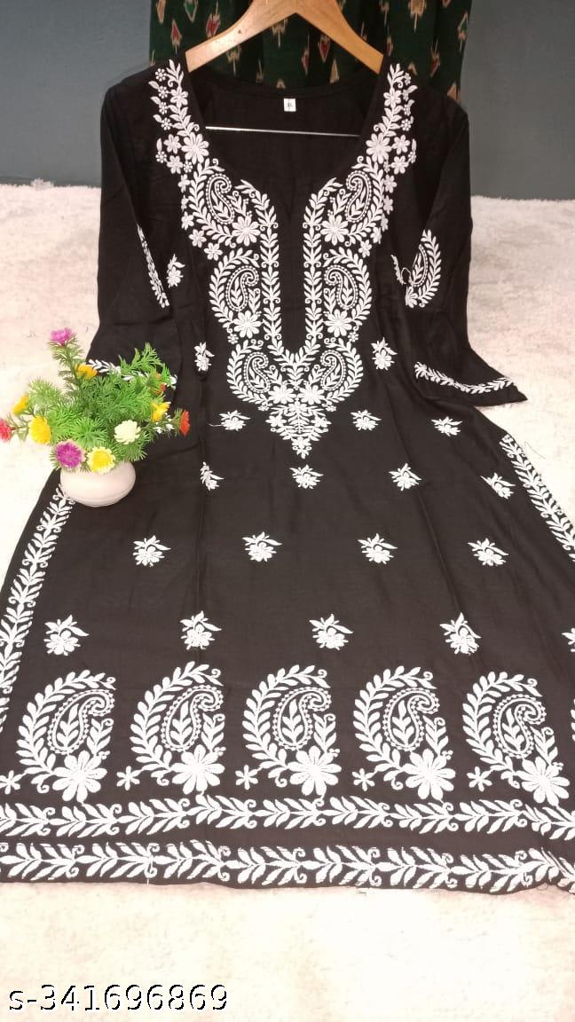 BLACK Rayon Cotton Chikankari Embroidery Work Kurti