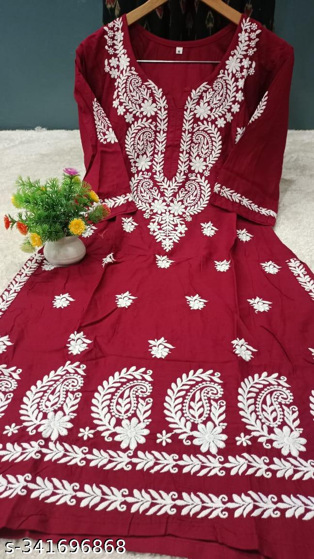 MAROON Rayon Cotton Chikankari Embroidery Work Kurti