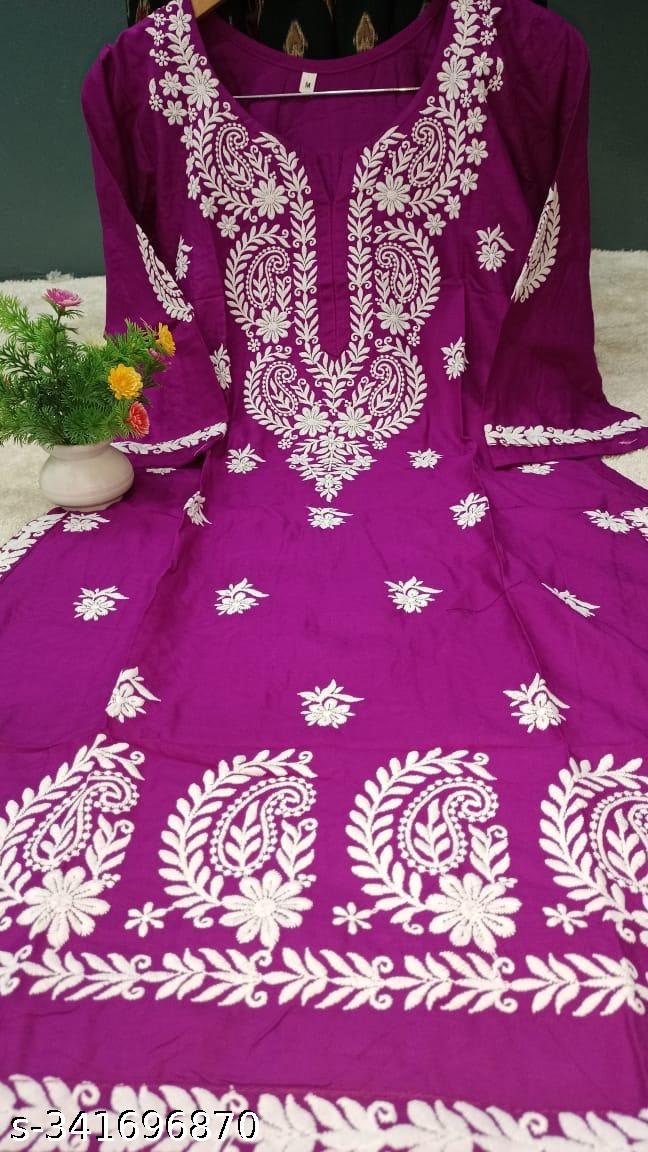 PURPLE Rayon Cotton Chikankari Embroidery Work Kurti