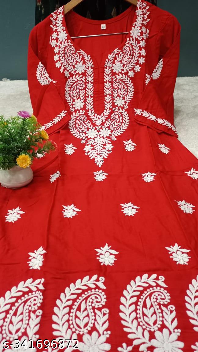 RED Rayon Cotton Chikankari Embroidery Work Kurti