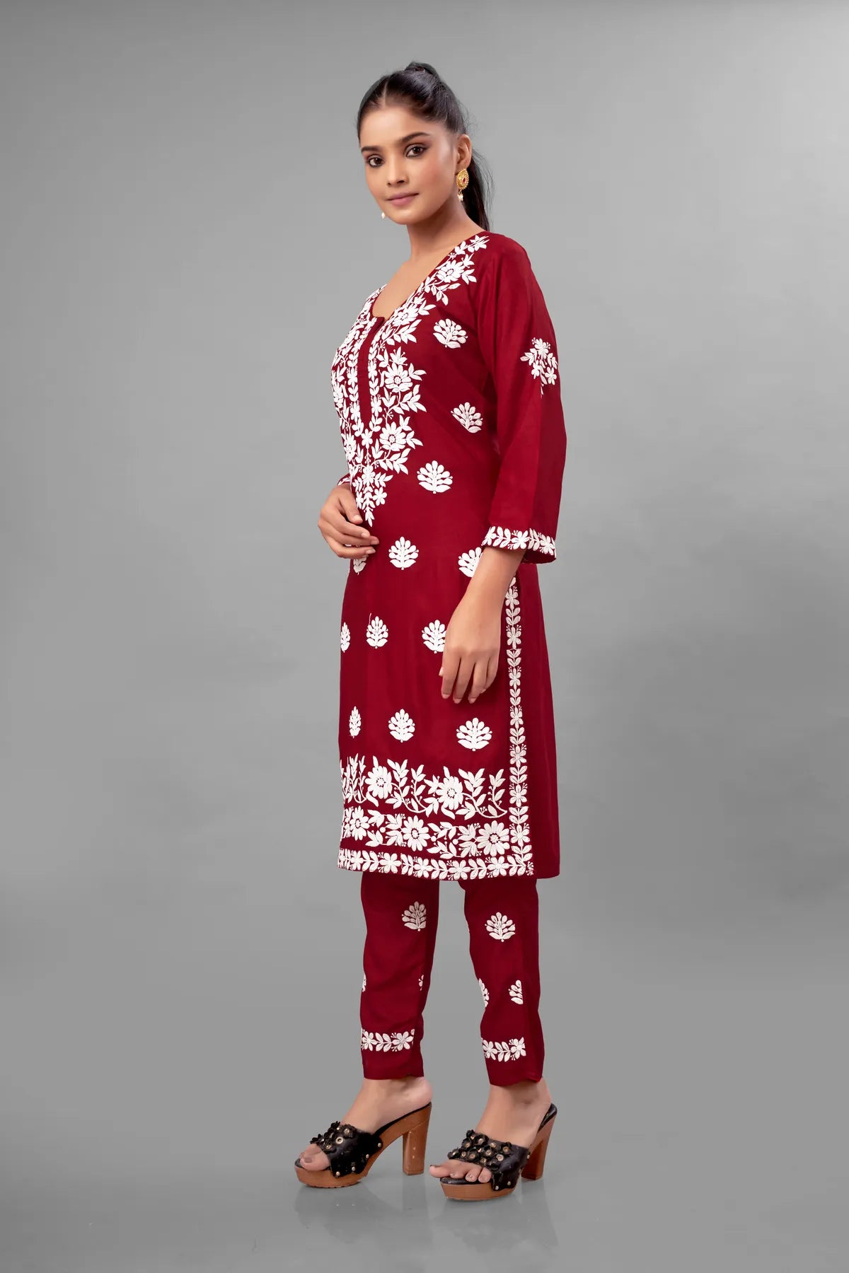 Maroon Partywear Chikankari Straight Kurta Palazzo Set Readymade For Women