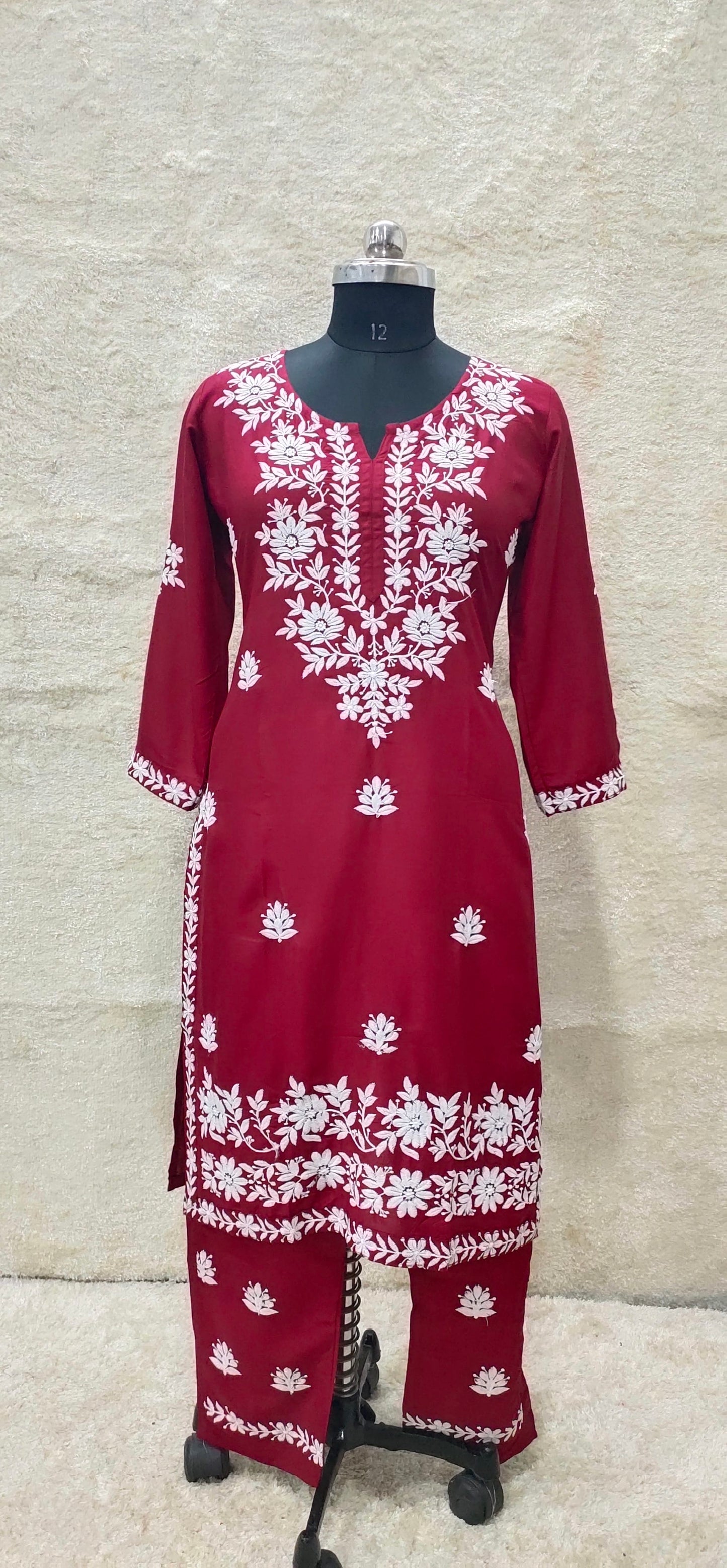 MAROON Women Embroidery Chikankari Kurti Plazzo set