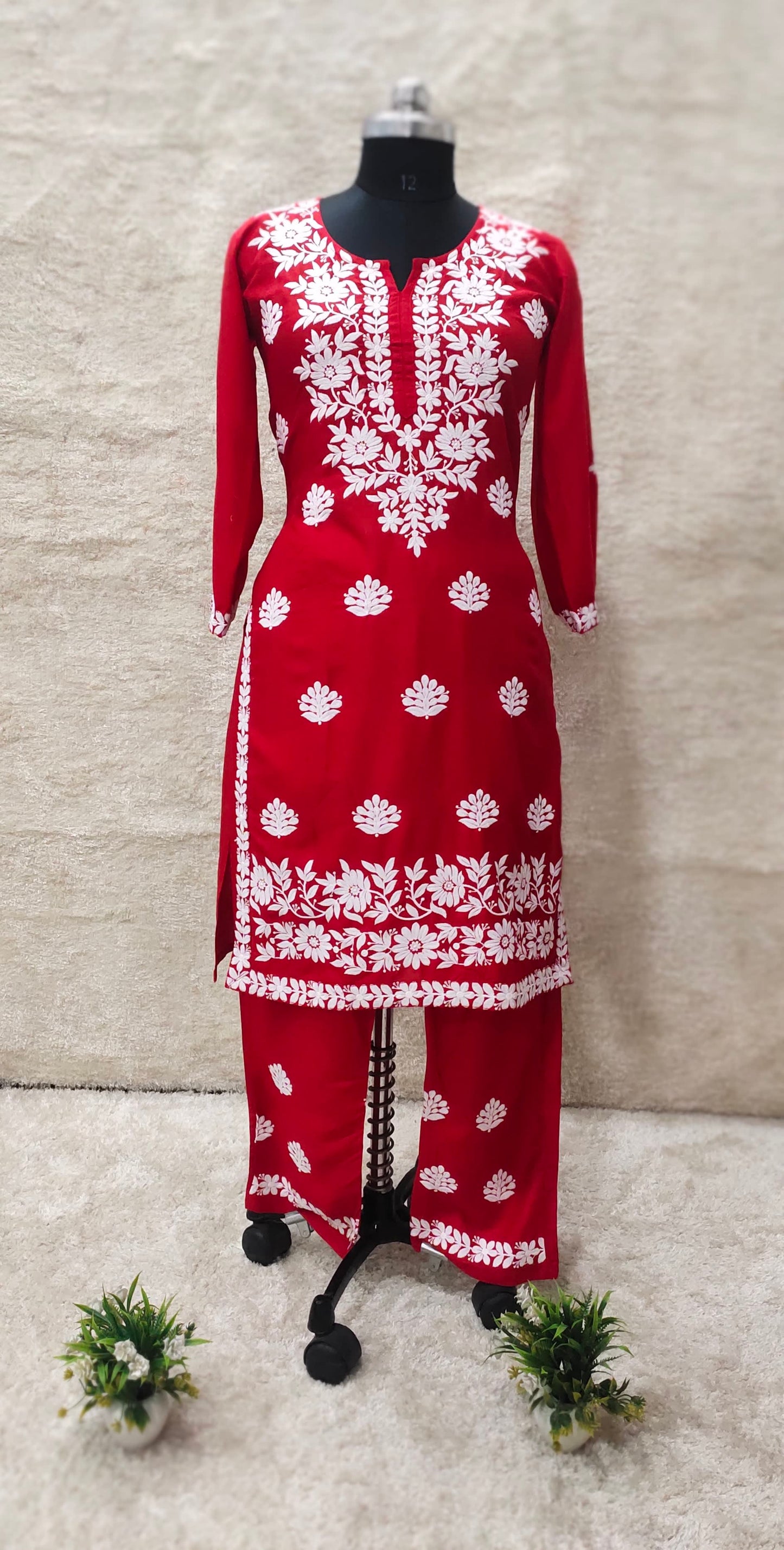 RED Women Embroidery Chikankari Kurti Plazzo set
