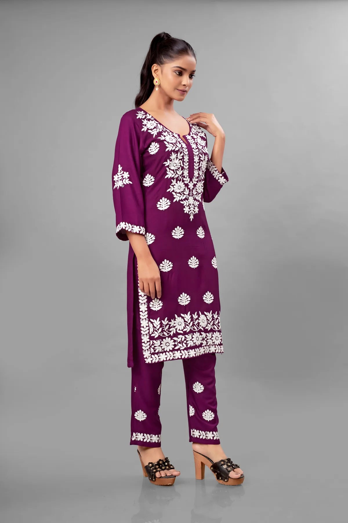 Wine Partywear Chikankari Straight Kurta Palazzo Set Readymade For Women