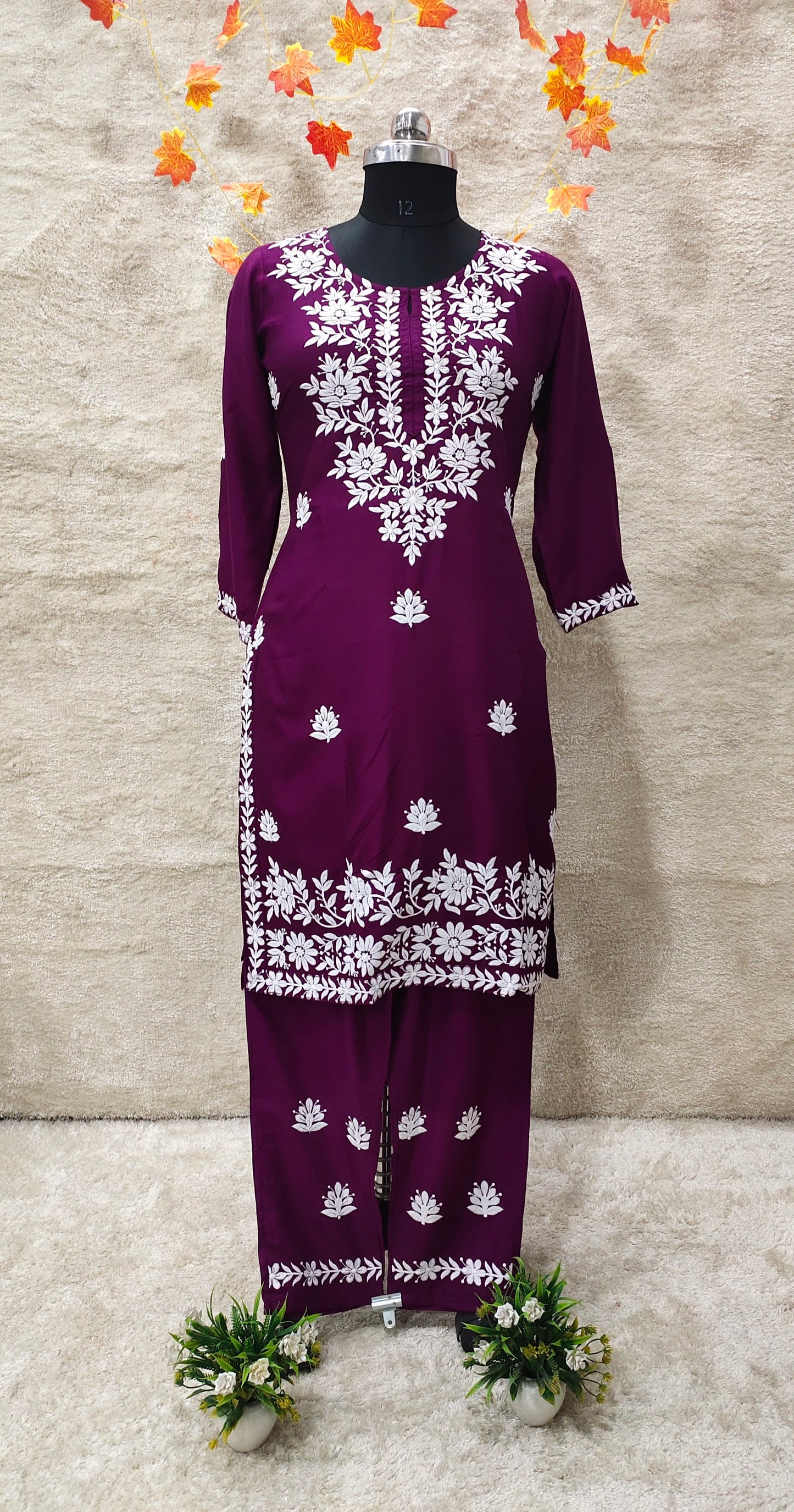 WINE Women Embroidery Chikankari Kurti Plazzo set
