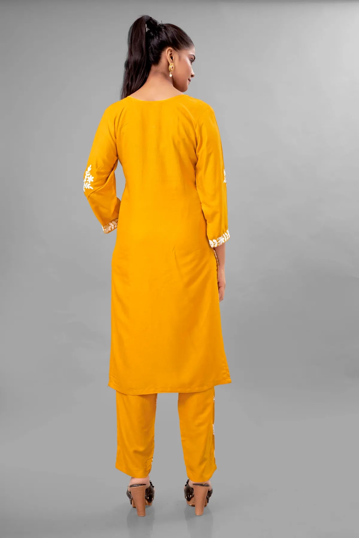 Yellow Partywear Chikankari Straight Kurta Palazzo Set Readymade For Women