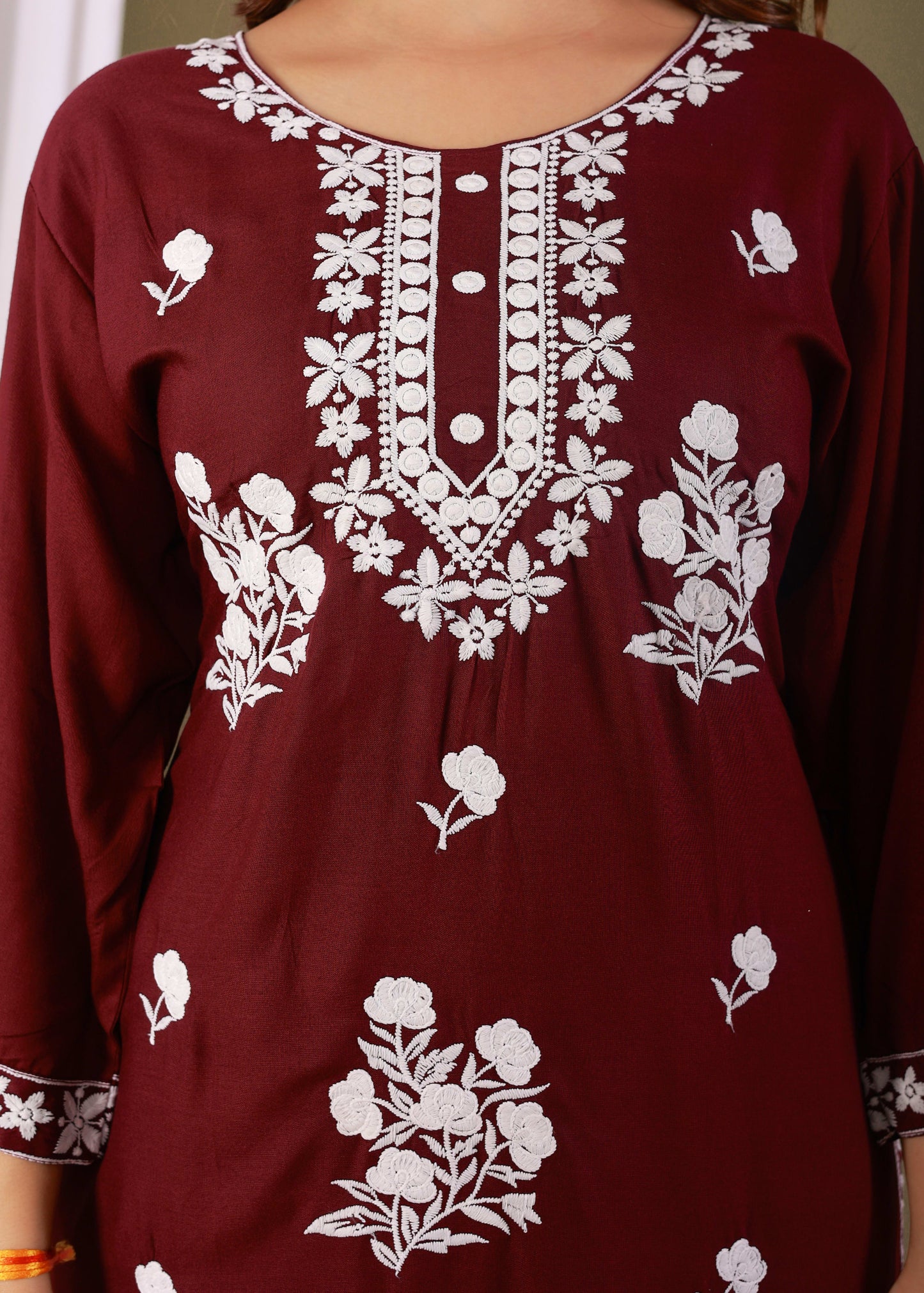 Wine Rayon Embroidered Kurta, Pant With Dupatta Set For Women