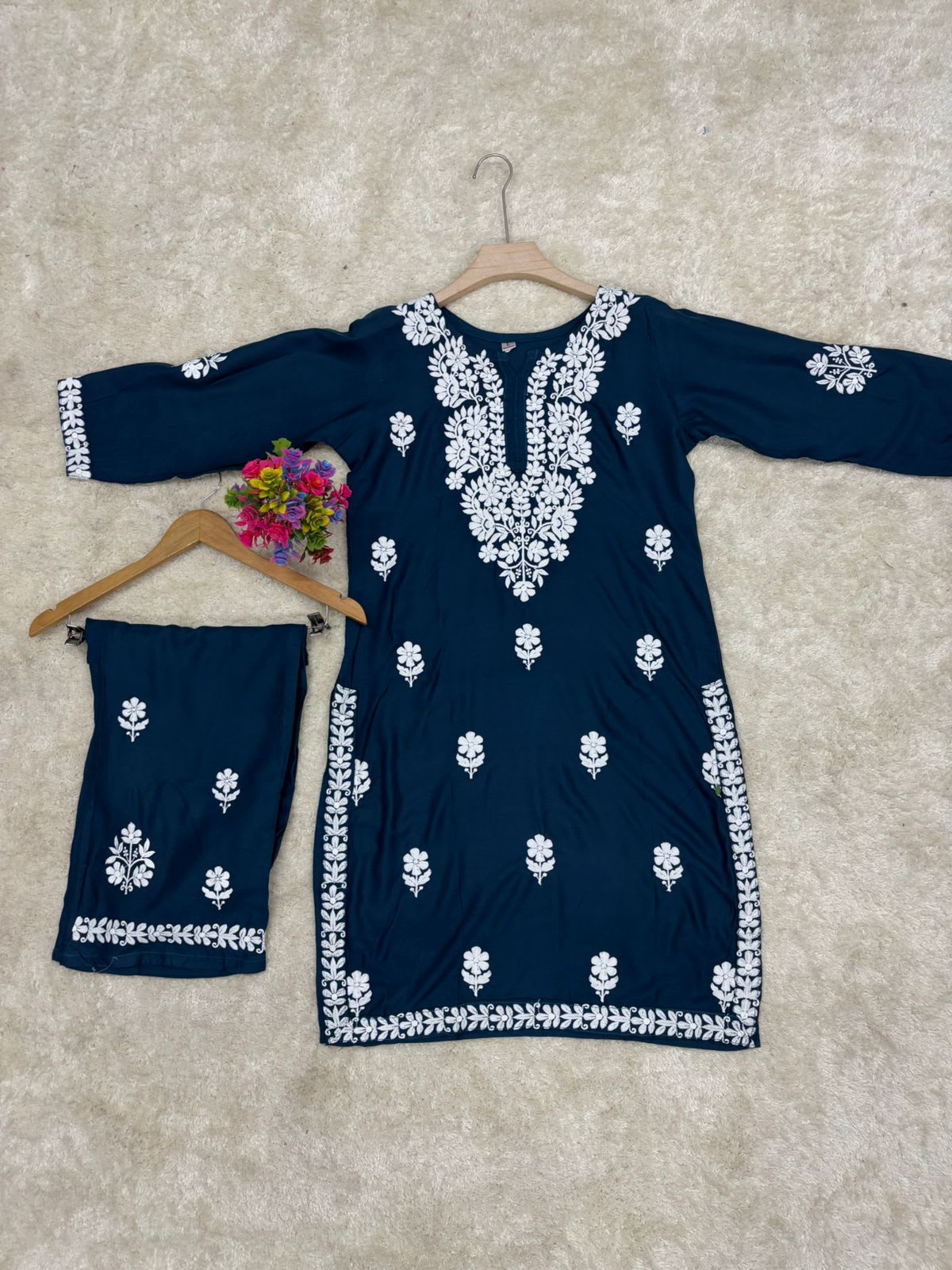 D Blue Rayon Cotton Chikankari Kurta Palazzo Set For Women