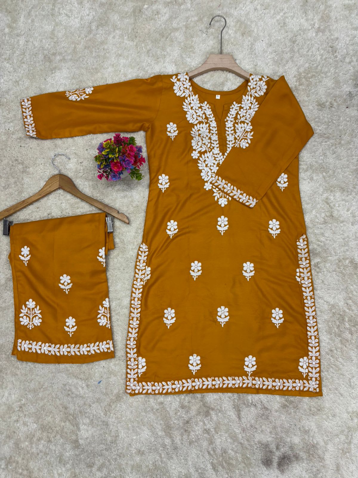 Muster Rayon Cotton Chikankari Kurta Palazzo Set For Women
